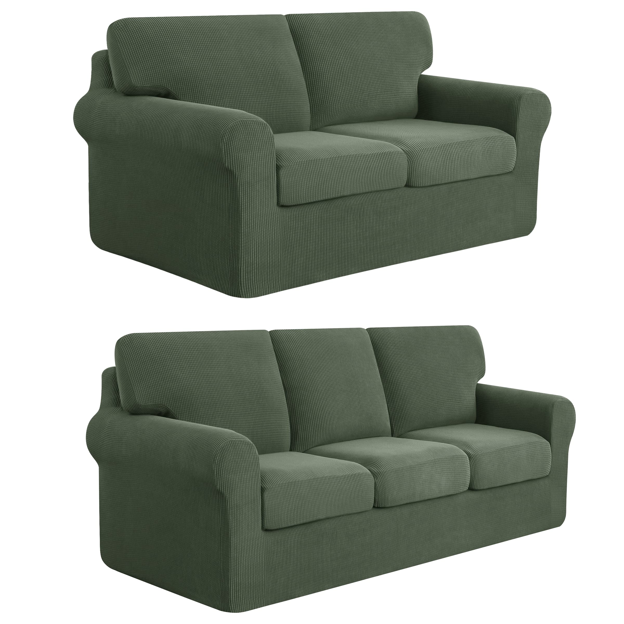 SUBRTEX 5-Piece Loveseat Cover & 7-Piece Sofa Cover Set - Stretch Couch Slipcover with Separate Backrest & Cushion Covers - Perfect for Living Room Furniture Protection (Medium/Large, Olive Drab) - Ideal for Pet Owners, Kids & Home Decor Refresh