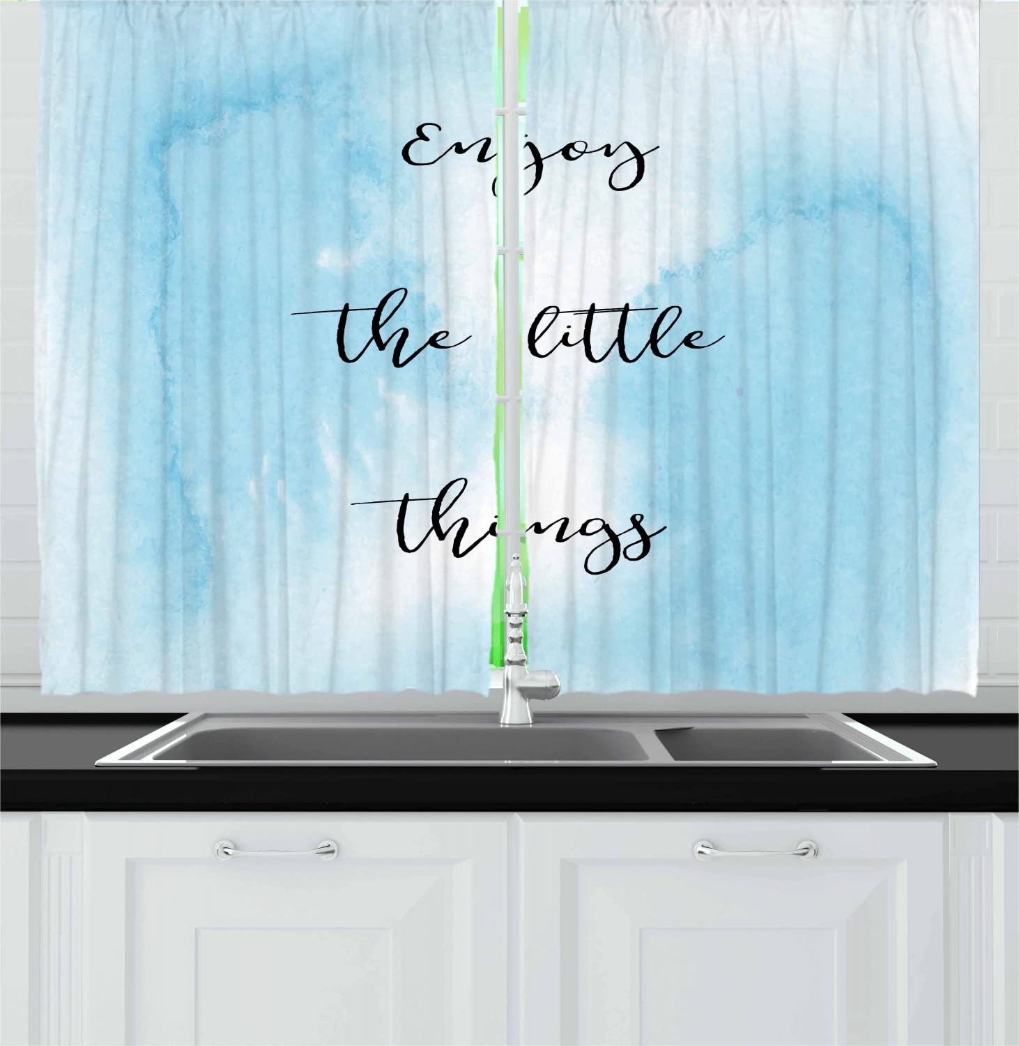 Ambesonne Inspirational Kitchen Curtains - Blue Ombre Watercolor with Motivational Words, 55