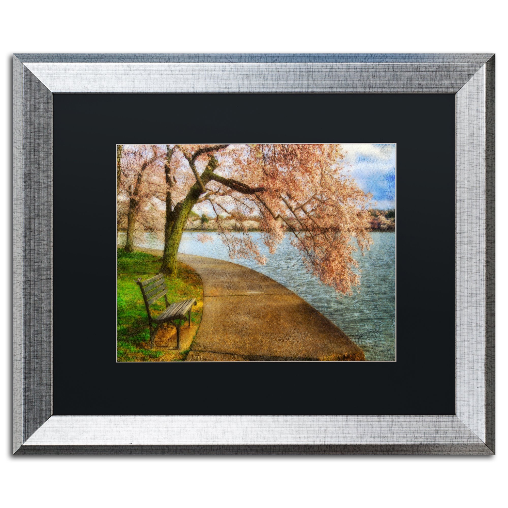 Trademark Fine Art 'Meet Me At Our Bench' by Lois Bryan - 16x20 Inch Silver Framed Canvas Print with Black Matte - Perfect for Living Room, Bedroom & Office Decor