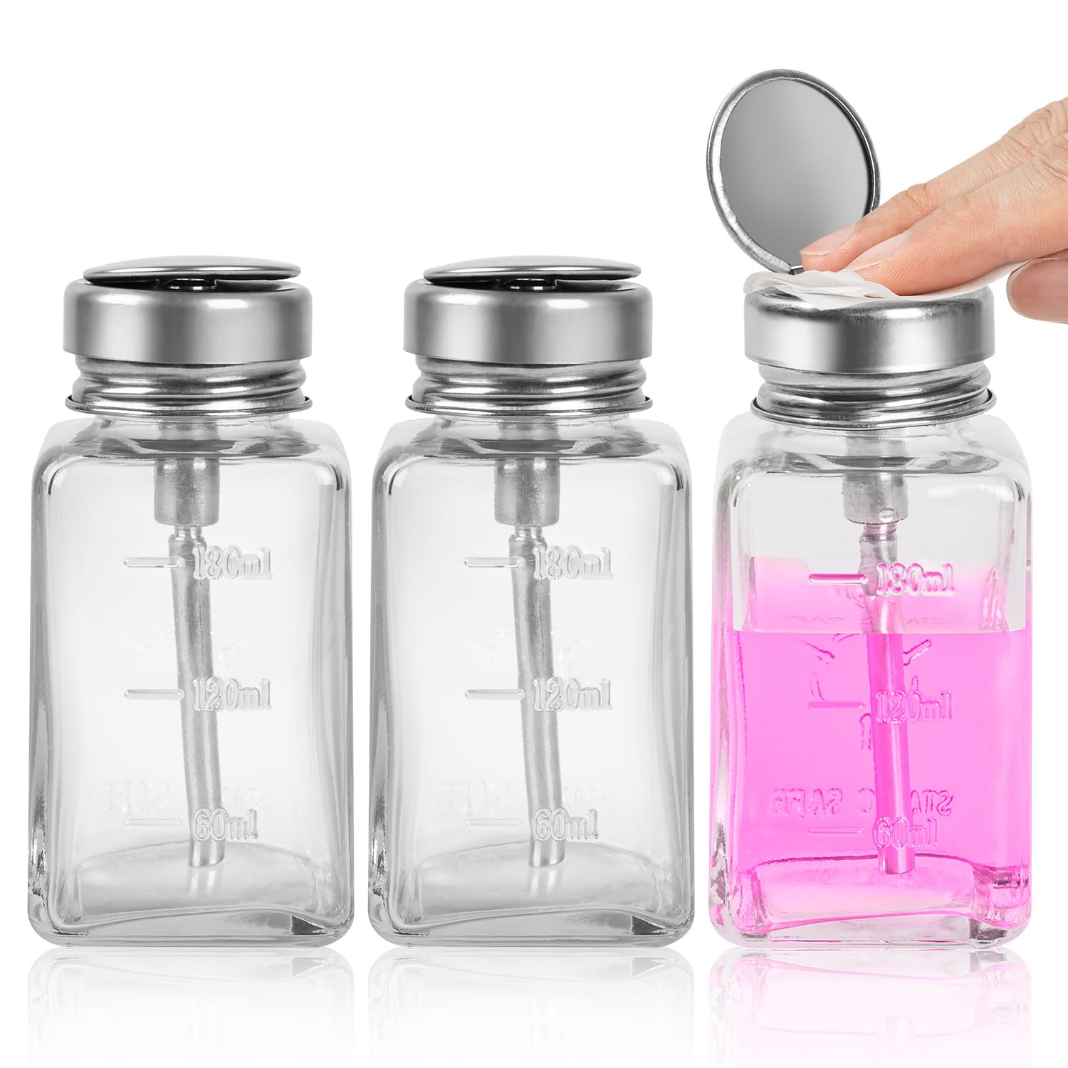 Clear Alcohol Bottle Pump Dispenser with Metal Flip Cover - Travel Size Empty Pump Bottle for Nail Polish, Makeup Remover & Polish Containers | Perfect for Salon, Home & Travel Use