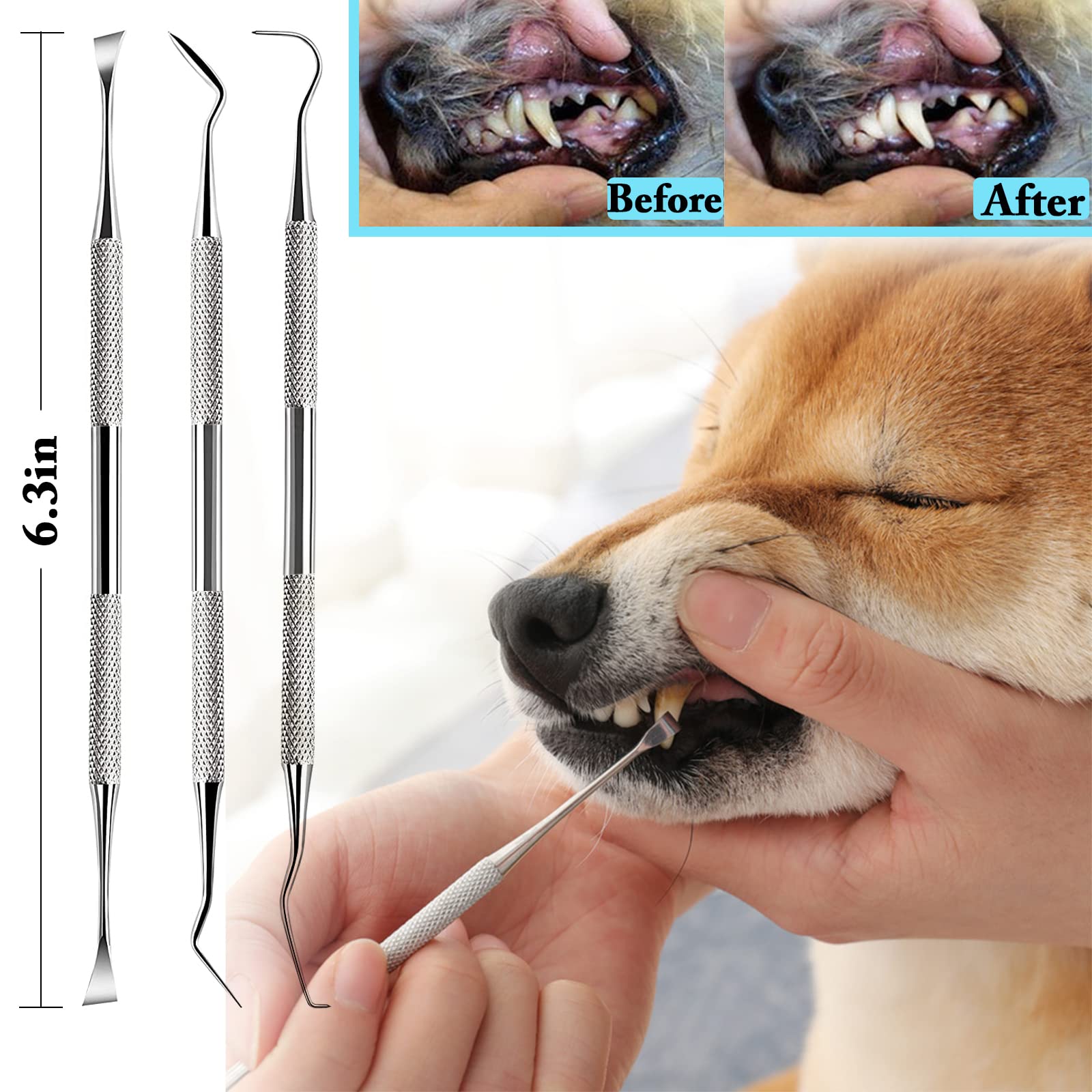 8 Pack Dog Teeth Cleaning Kit - Stainless Steel Plaque Remover, 3 Scrapers, 2 Toothbrushes & 3 Finger Brushes for Small & Large Dogs | At-Home Dental Care for Fresher Breath & Healthier Gums
