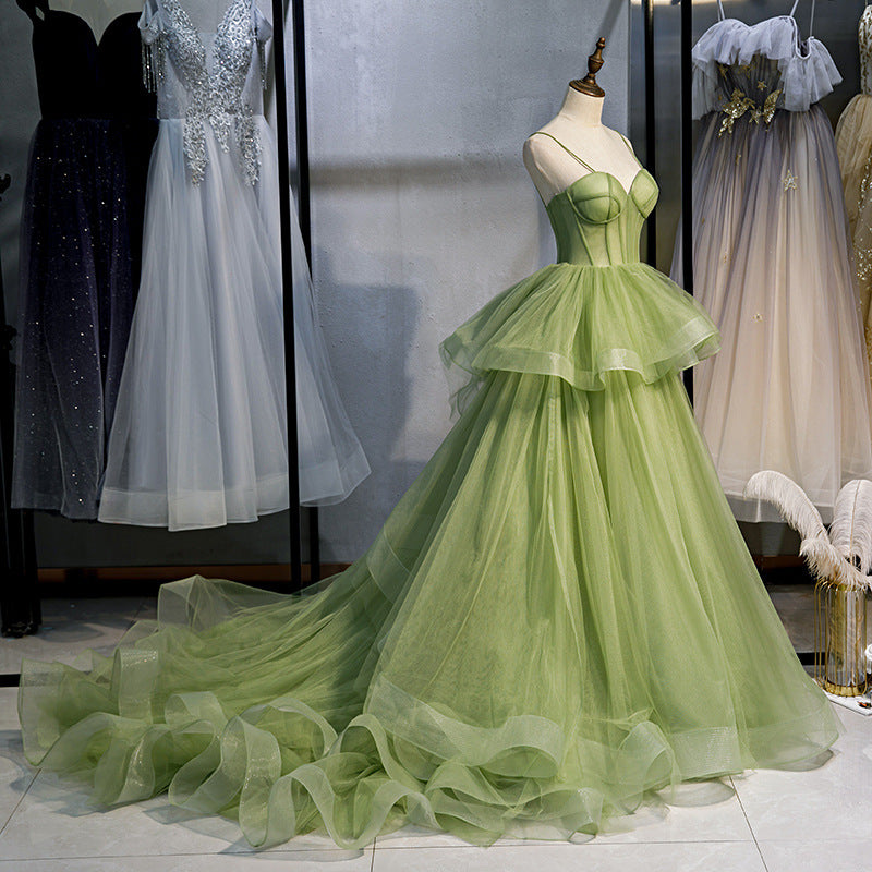 Elegant Green Tulle Ball Gown with Ruffles & Spaghetti Straps - Quinceanera & Prom Dress with Train (Style #213) | Perfect for Sweet 16, Homecoming, Formal Dances & Special Occasions