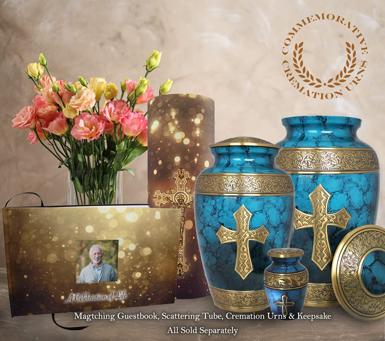 Blue Cross Cremation Urn for Ashes - Personalized Adult Male Urn for Human Ashes | Handcrafted Decorative Urn with Cross Design | Large Capacity Memorial Urn for Funeral, Memorial Service & Home Display