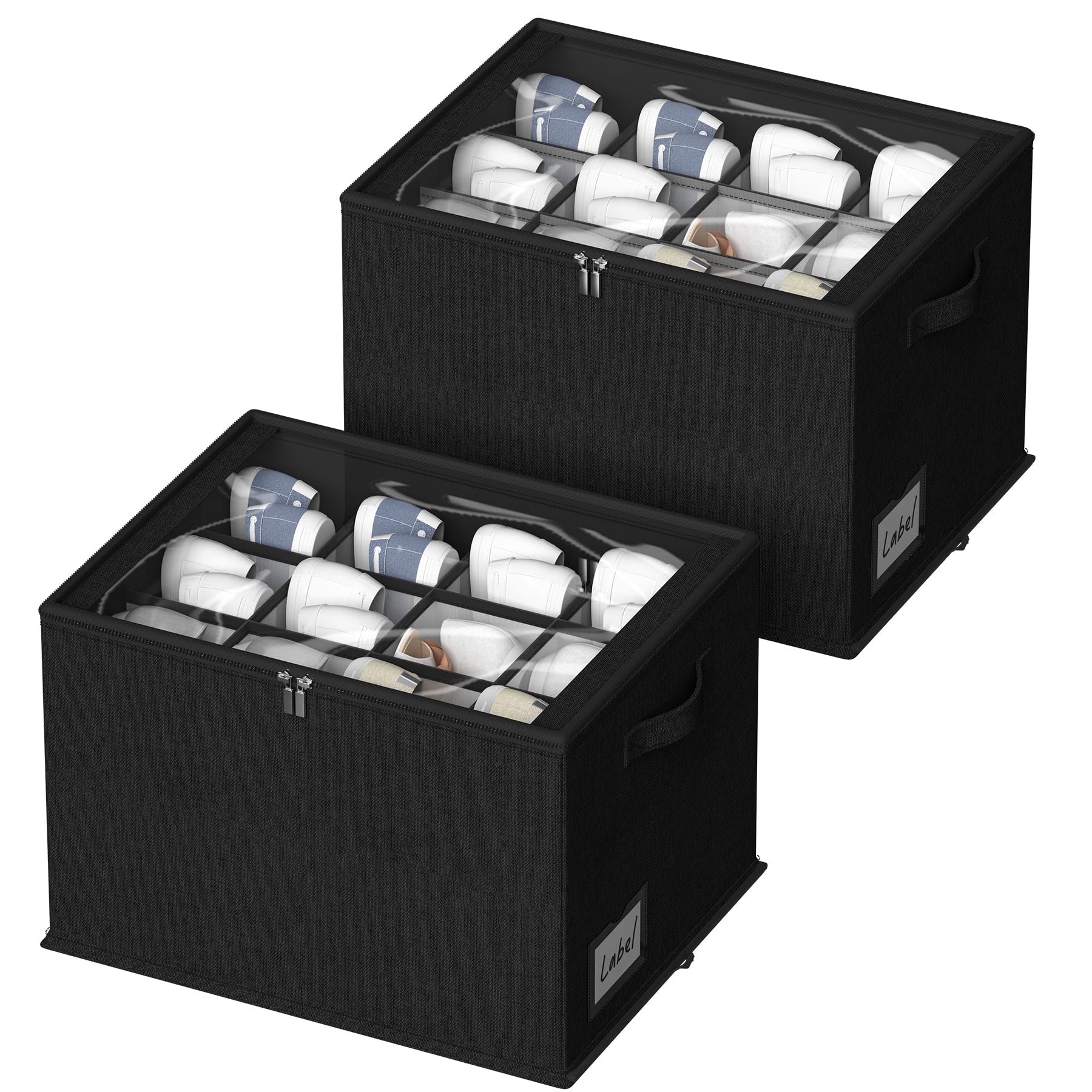 2 Pack Clear View Shoe Organizer for Closet - Durable Fabric Shoe Storage Bins with Reinforced Handles, Fits 24 Pairs of Shoes (16.5