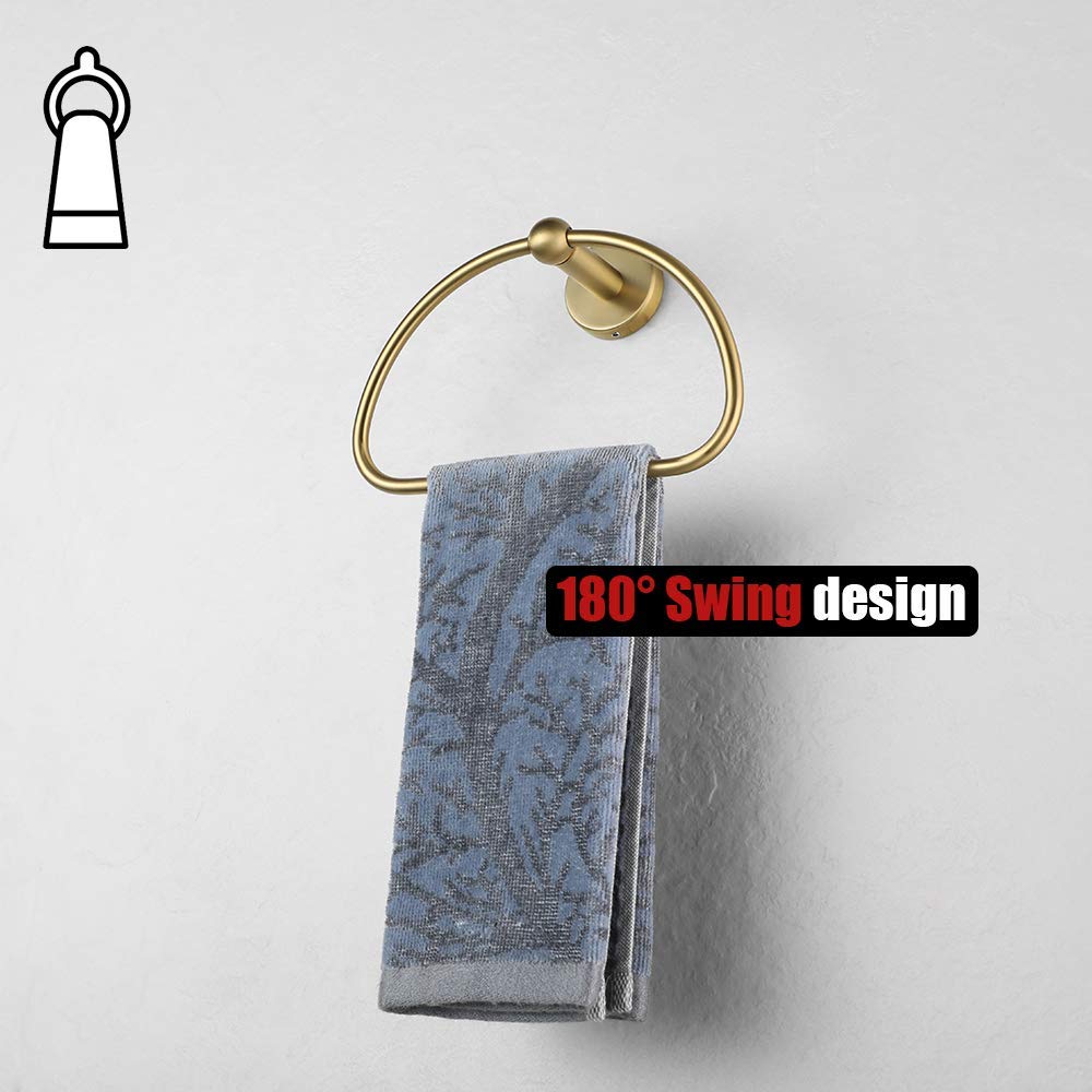 JQK Gold Stainless Steel Towel Ring Holder - 7 Inch Brushed Golden Wall Mount Bathroom Accessory (TR160-BG) - Perfect for Bathrooms, Powder Rooms & Spa Decor