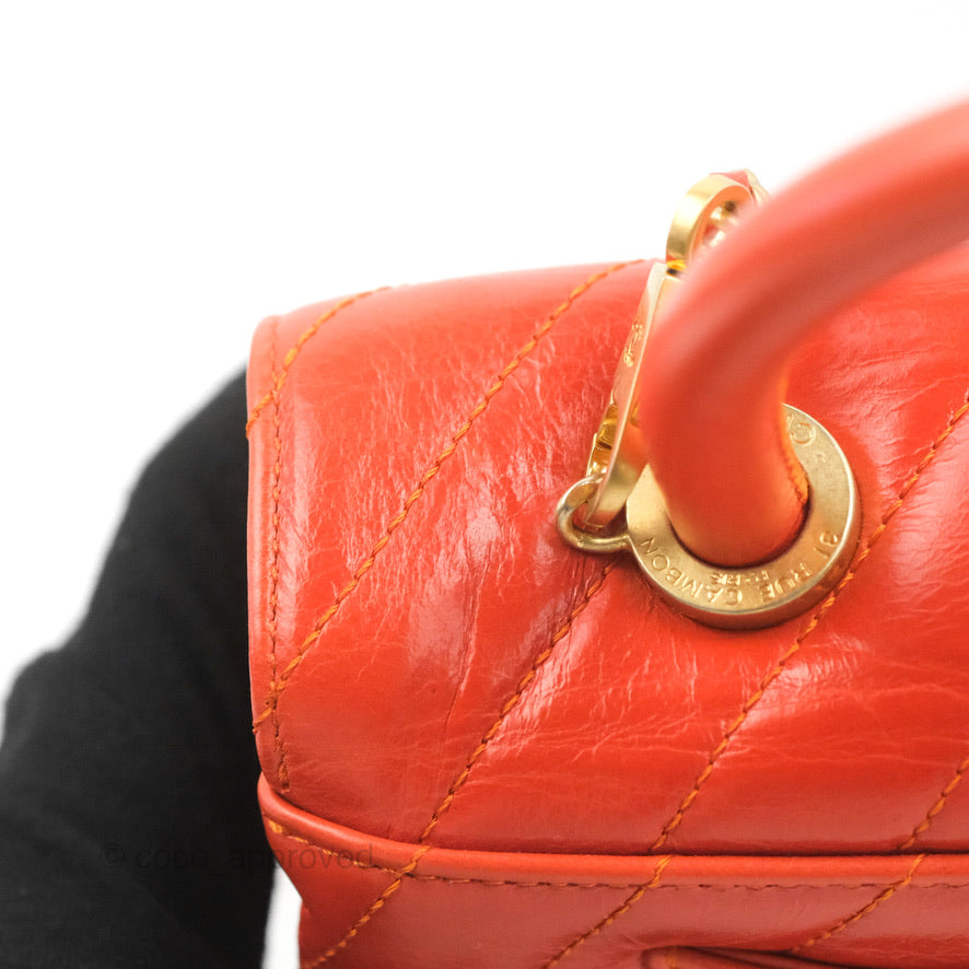 Chanel Chevron Small Coco Handle Bag in Dark Orange Shiny Aged Calfskin with Aged Gold Hardware - Perfect for Evening Events & Luxury Fashion Accessories