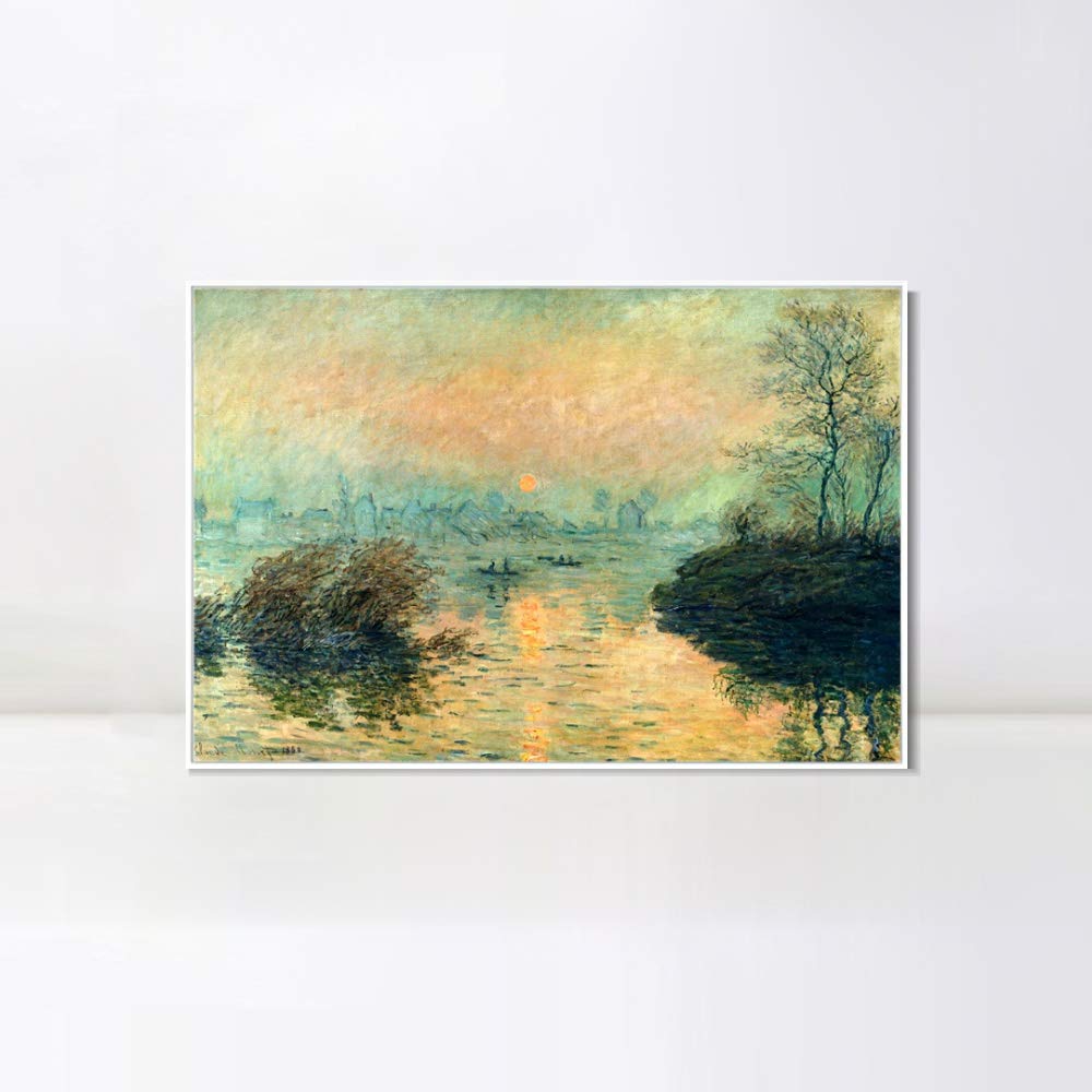 Claude Monet Sunset on the Seine Winter Effect 1880 Framed Canvas Wall Art - 28x40 Inch Giclee Print with White Slim Frame - Perfect for Living Room, Bedroom & Office Decor - Vintage Impressionist Painting Home Décor