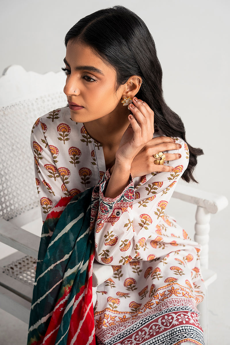 IVORY CHINTZ 3PC PRINTED LAWN SUIT - Elegant Floral Printed Cotton Outfit for Women | Perfect for Summer Parties, Weddings & Formal Occasions