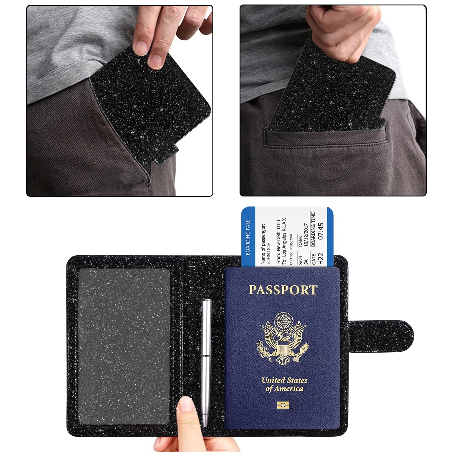 ACdream RFID Blocking Passport & Vaccine Card Holder - Glitter Black Faux Leather Travel Wallet for Men & Women | Secure ID Protection for Airports & International Trips