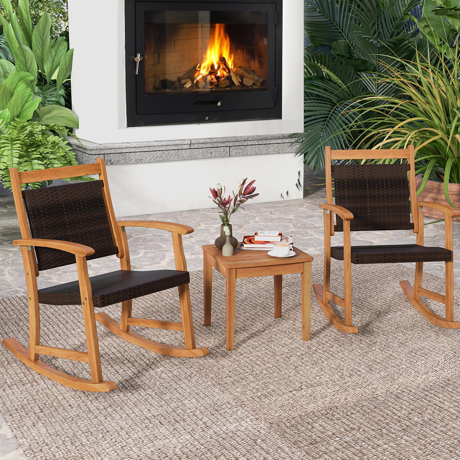 Tangkula 3-Piece Acacia Wood Patio Rocking Chair Set with Wicker Rattan Seat & Side Table - Outdoor Garden Furniture for Backyard, Poolside & Relaxation | Perfect for Lounging, Entertaining & Enjoying Summer Evenings