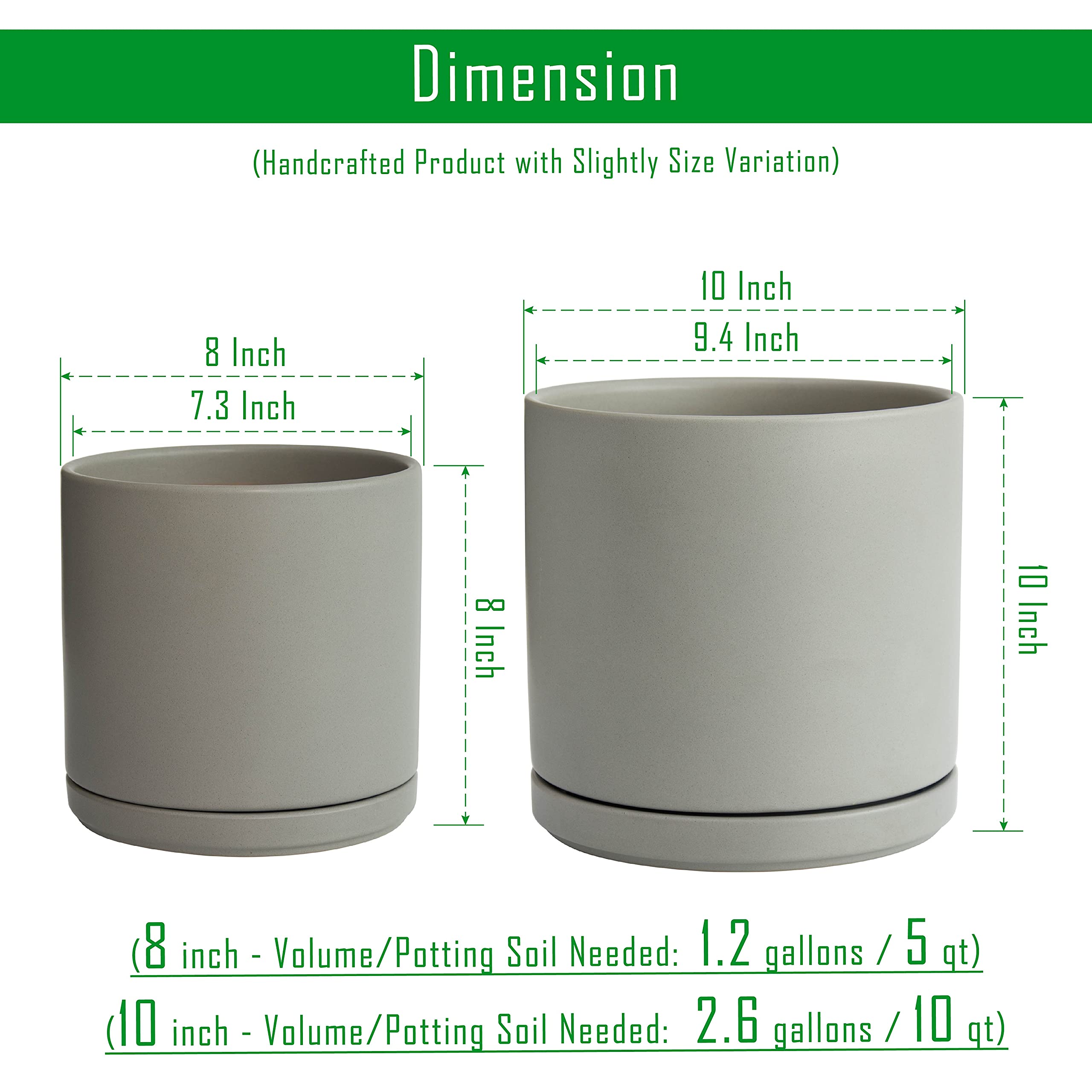 D'vine Dev 8 Inch & 10 Inch Ceramic Flower Pots with Drainage Hole and Saucer - Large Indoor Planters Set for Succulents, Herbs, Small Trees - Modern Grey Home & Garden Decor (94-G-L-3)