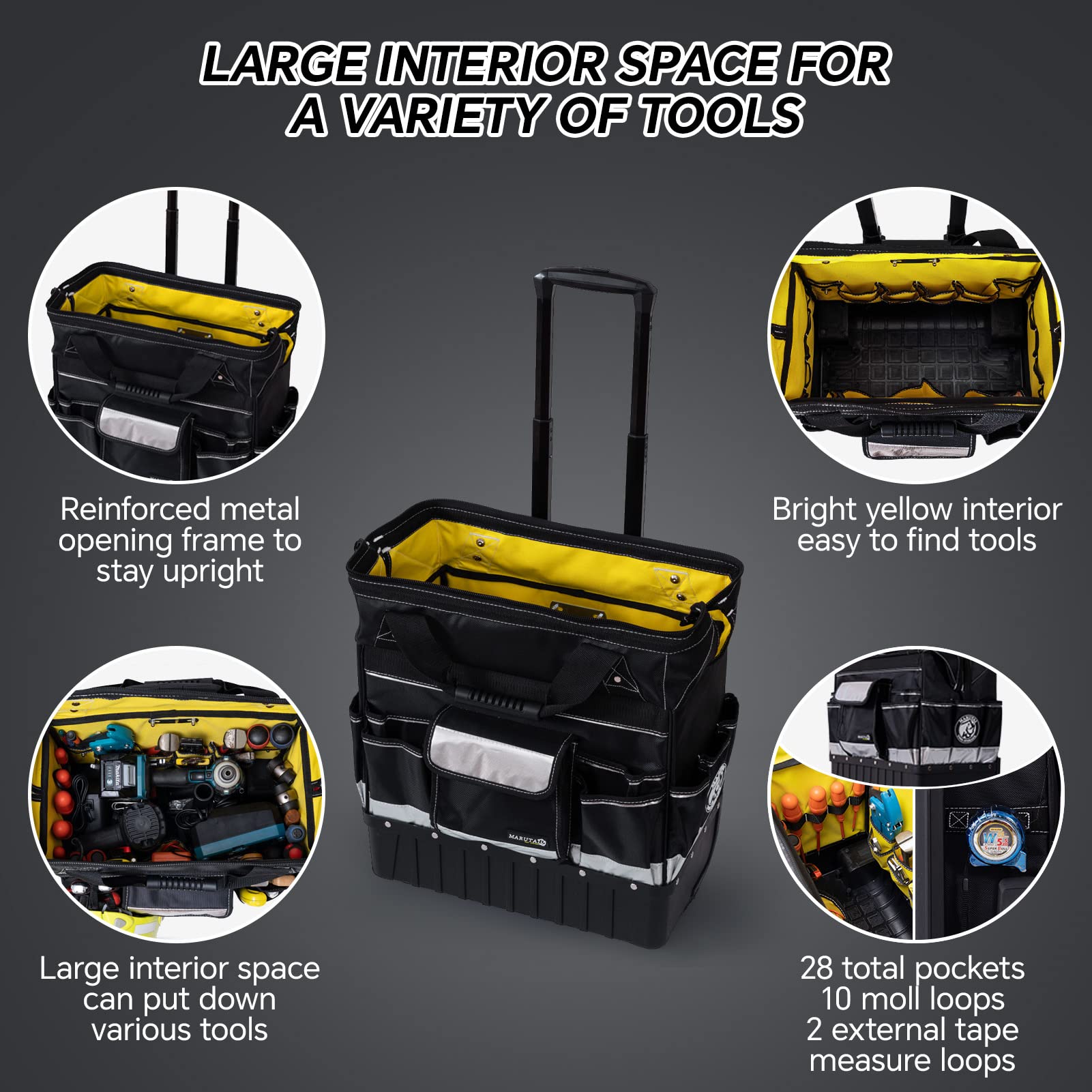 MARUTAI 18-Inch Rolling Tool Bag - Waterproof Wheeled Tool Storage Organizer with Handle | Portable Tote for Electricians, Construction Workers & DIY Enthusiasts | Ideal for Job Sites, Home Repairs & Workshop Organization (Men & Women)