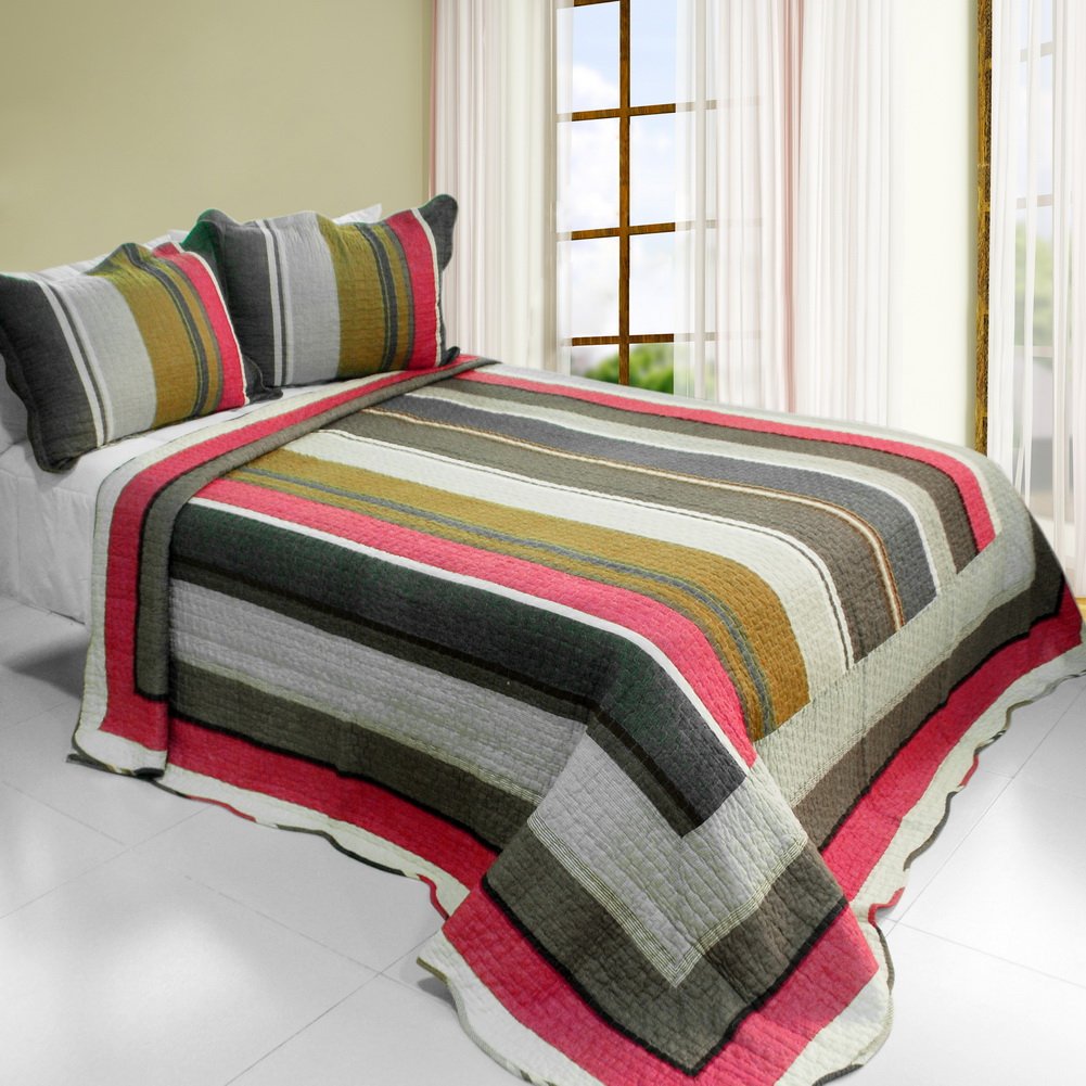 Blancho Cotton 3-Piece Quilt Set - Multicolor Stripe Vermicelli Quilted Bedding for Full/Queen Size Bed | Soft & Breathable Comforter Cover for Cozy Bedroom Decor