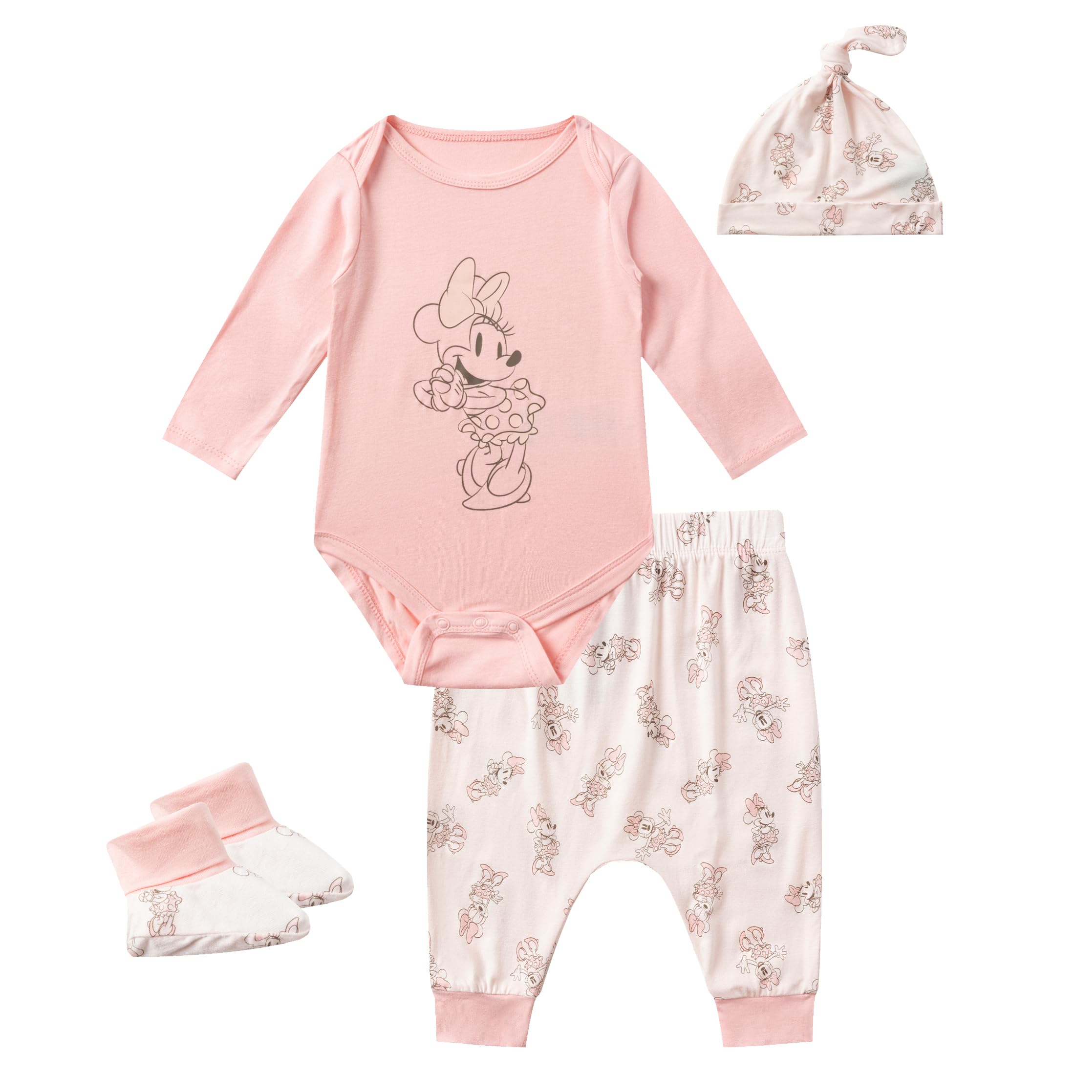 Disney Minnie Mouse Baby Girls 4-Pack Bamboo Viscose Bodysuit Set with Booties, Hat & Pants - Soft Organic Outfit for Newborn Infant 0-12 Months | Perfect for Photo Shoots, Birthday Gifts & Daily Wear
