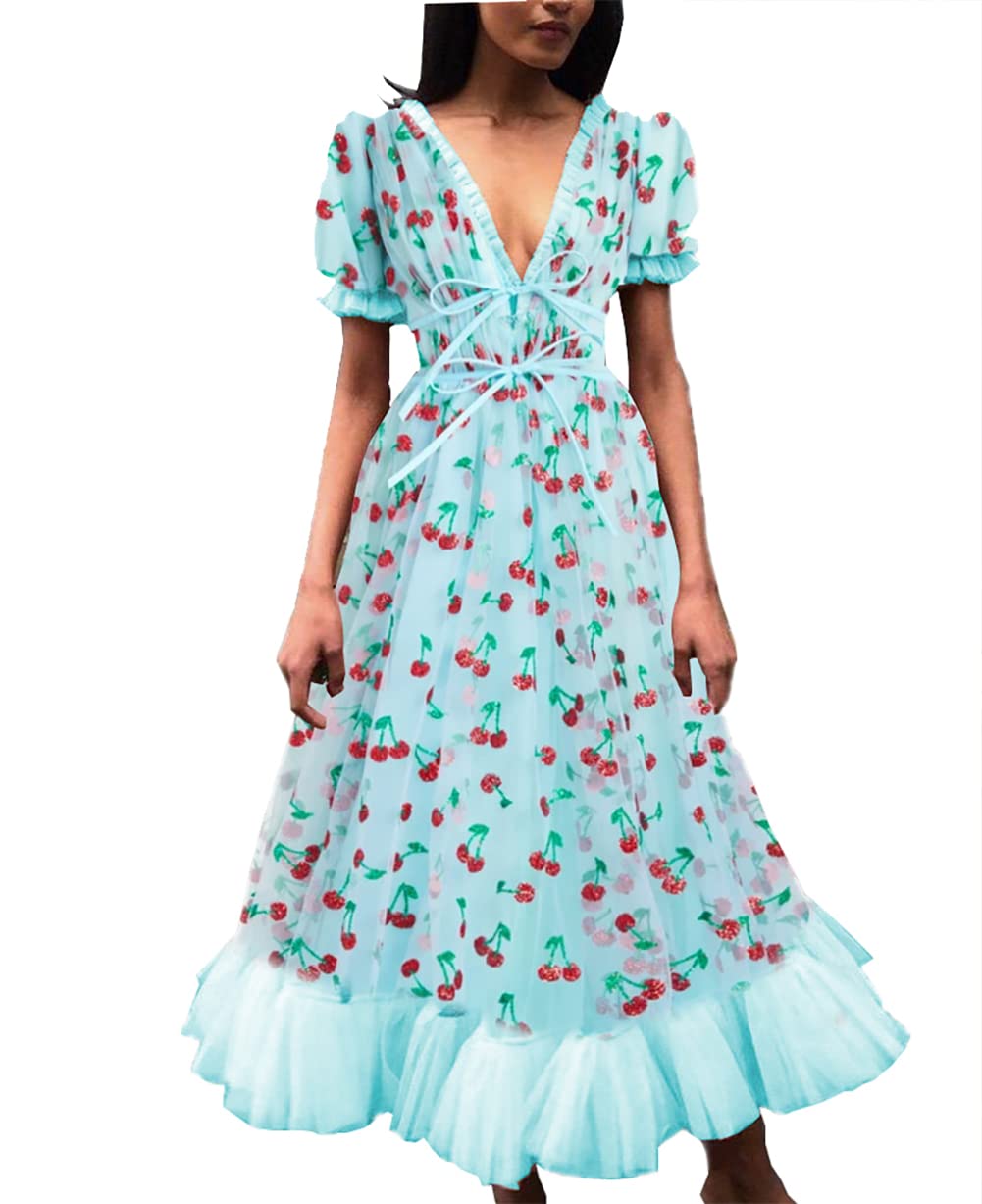 Women's Embroidered Sequin Strawberry Cocktail Dress - Plunge V Neck Lace Up Pleated Mesh Midi Party Dress for Summer Weddings, Date Nights & Special Occasions