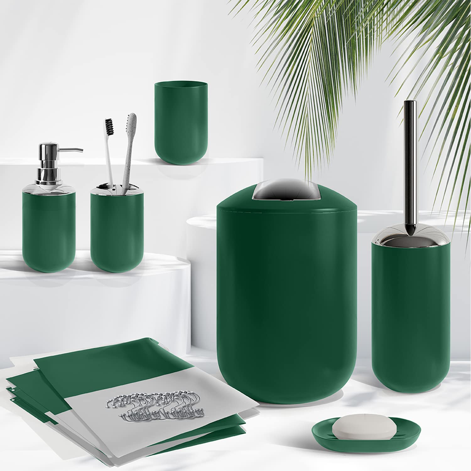 Clara Clark 20PC Green Bathroom Set - Shower Curtain, Toilet Brush & Accessories for Modern Bathrooms