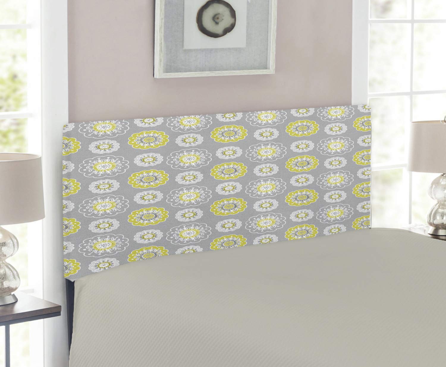 Ambesonne Grey and Yellow Upholstered Headboard with Memory Foam - Twin Size Floral Ivy Design in Mustard Yellow & White - Perfect for Bedroom Decor and Guest Room Styling