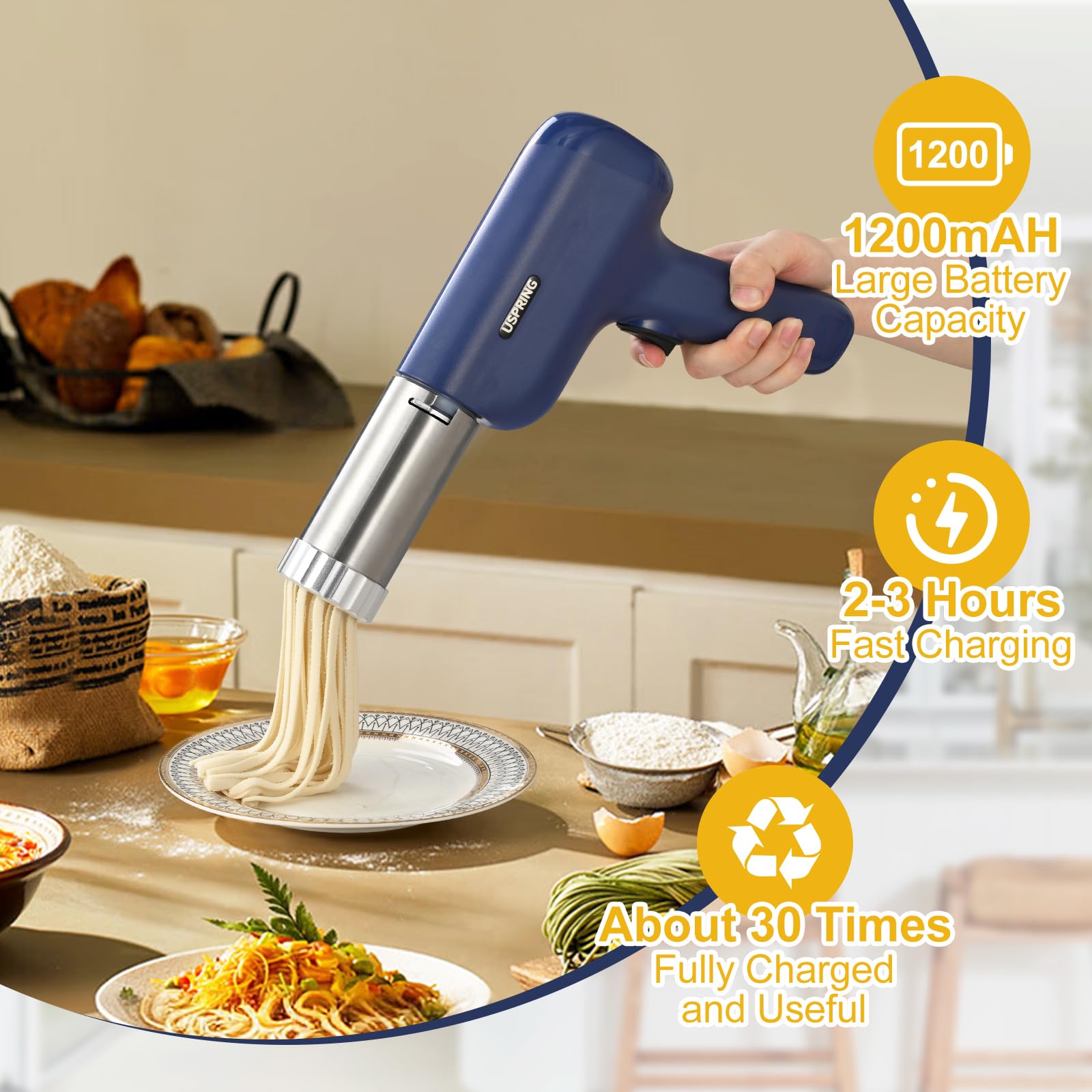 Uspring 5-in-1 Cordless Electric Pasta Maker Machine - Handheld Automatic Noodle Press with Dough Cutter for Homemade Spaghetti, Fettuccine & More - Perfect for Kitchen, Camping & Small Space Cooking (Blue)