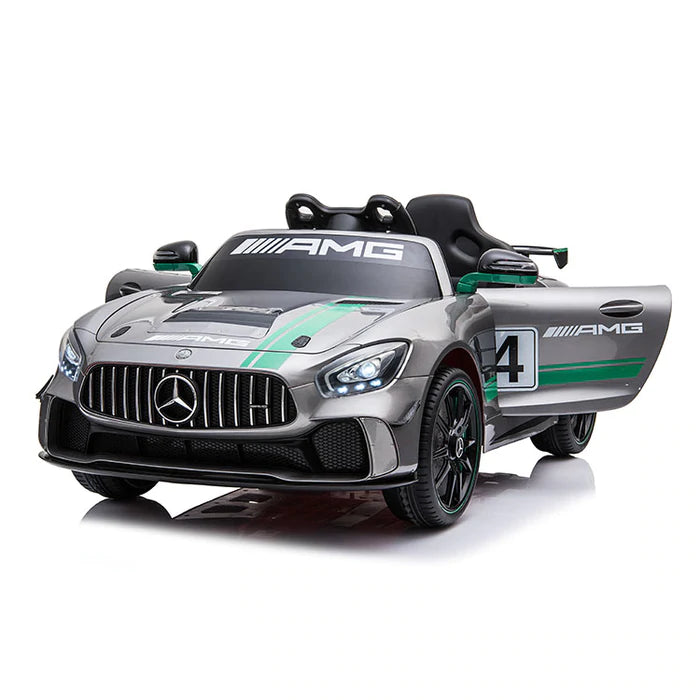 Mercedes Benz AMG GT4 12V Kids Ride On Car - 1 Seater Electric Toy Vehicle in Silver Green - Perfect for Outdoor Play & Birthday Gifts