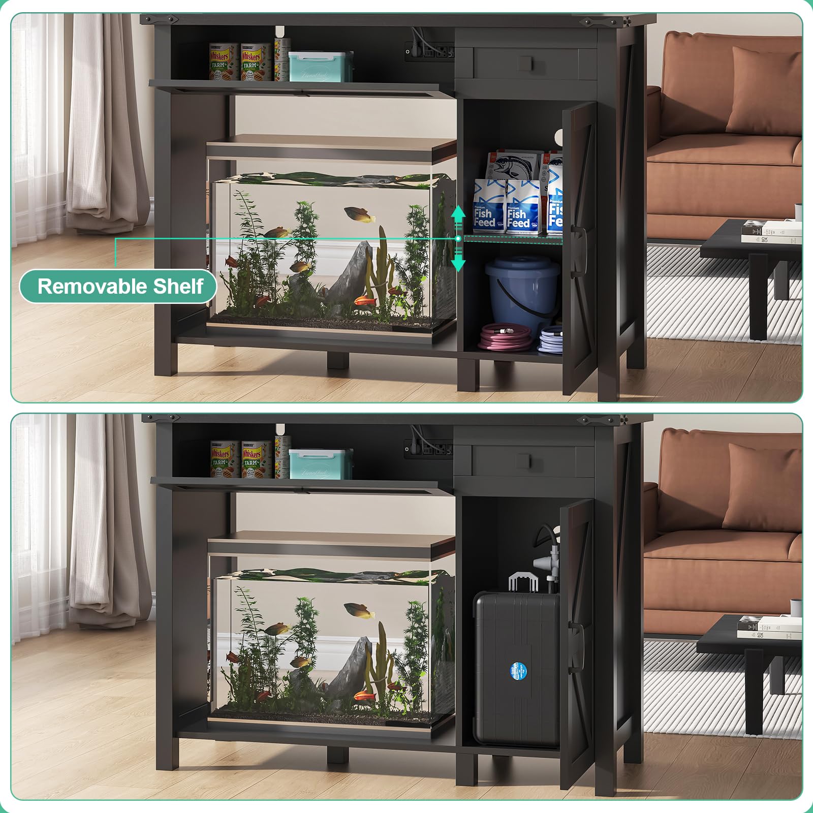 40 Gallon Aquarium Stand with Charging Station | Heavy Duty Black Fish Tank Stand for Reptile Terrarium | Farmhouse Style with Drawer & Cabinet Storage | 41.9