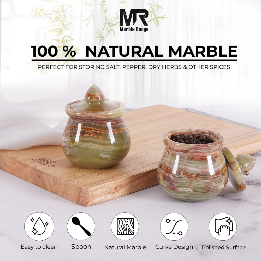 **Handmade Green Onyx Marble Salt Cellar Set of 2 with Lid – 3.5 Inch Salt & Pepper Holder, Countertop Spice Container – Perfect for Kitchen, Dining Table & Gift Giving**