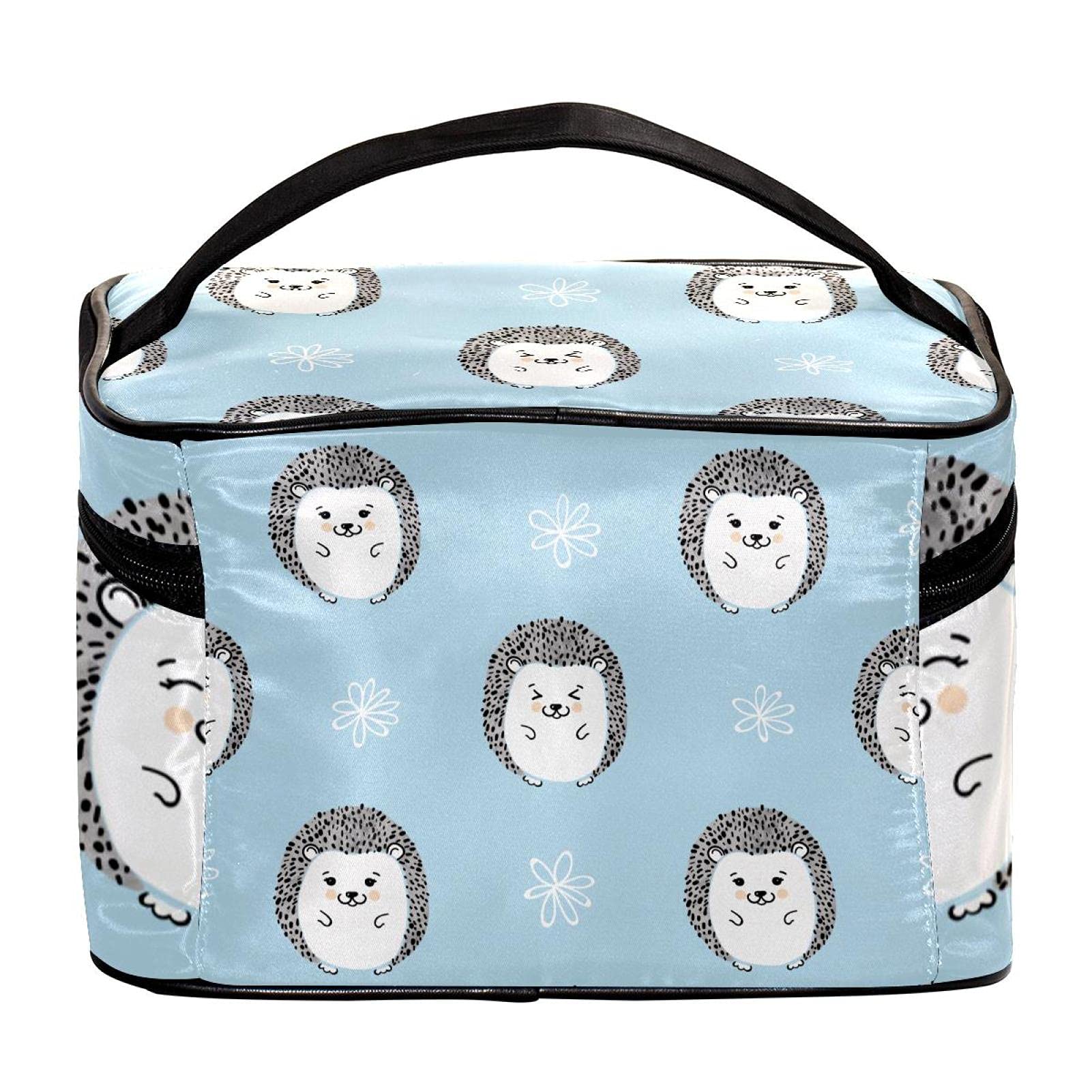 Cute Hedgehog and Floral Print Large Travel Makeup Bag - Waterproof Cosmetic Organizer with Zipper for Women & Girls - Perfect for Vacation, Gym, and Daily Essentials Storage