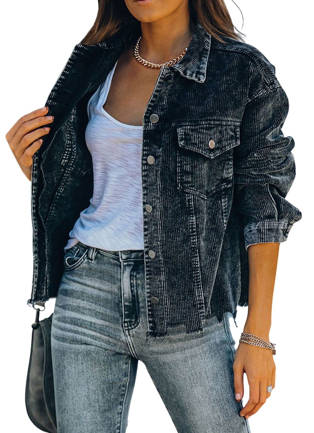 CHARTOU Women's Casual Corduroy Jacket - Ripped Frayed Button Down Short Coat for Fall & Winter | Perfect for Streetwear, Layering, and Everyday Outfits