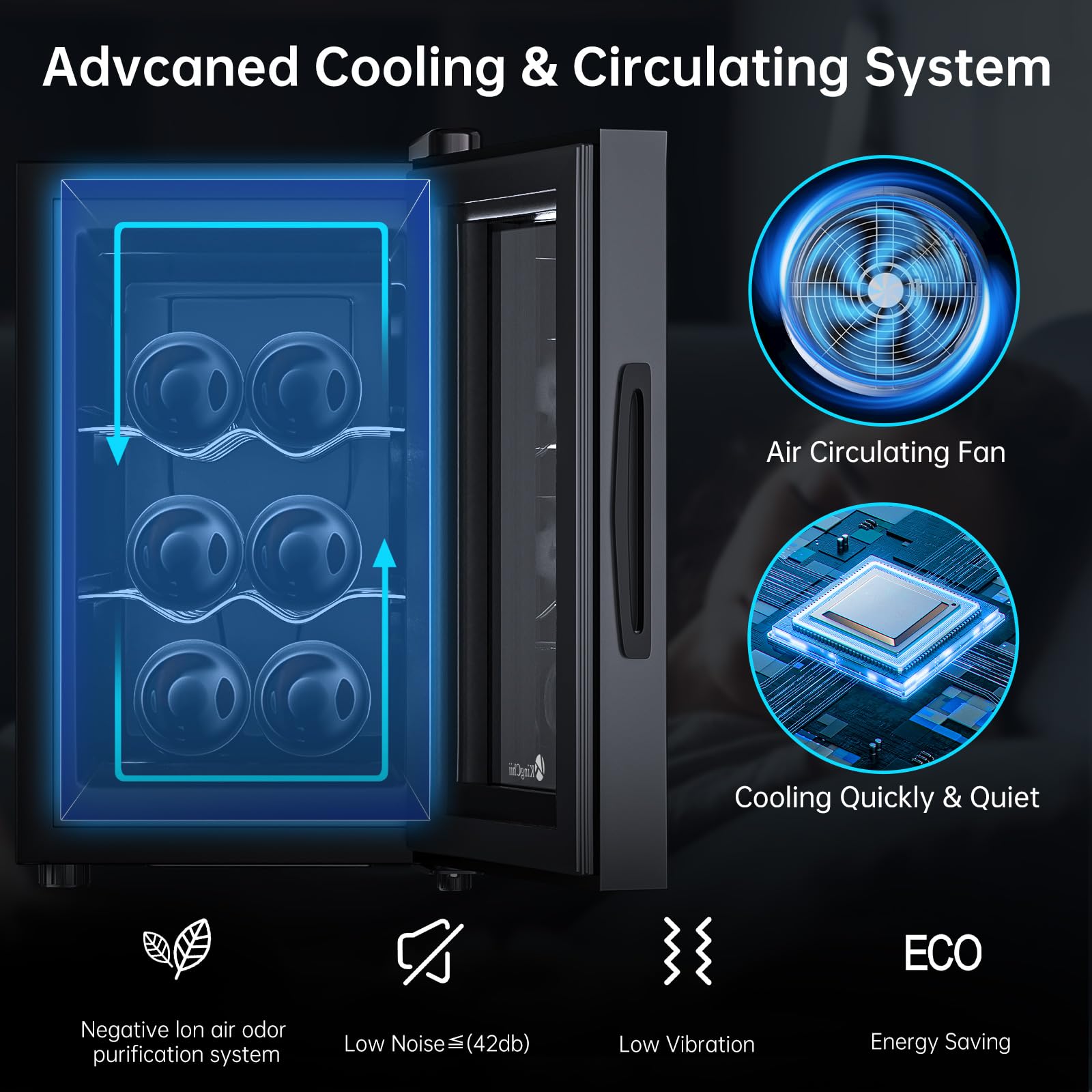 KingChii 6 Bottle Thermoelectric Wine Cooler Refrigerator - Advanced Cooling Technology, Stainless Steel & Tempered Glass Design - Perfect for Red Wine and Champagne Storage in Home, Kitchen, Office or Bar