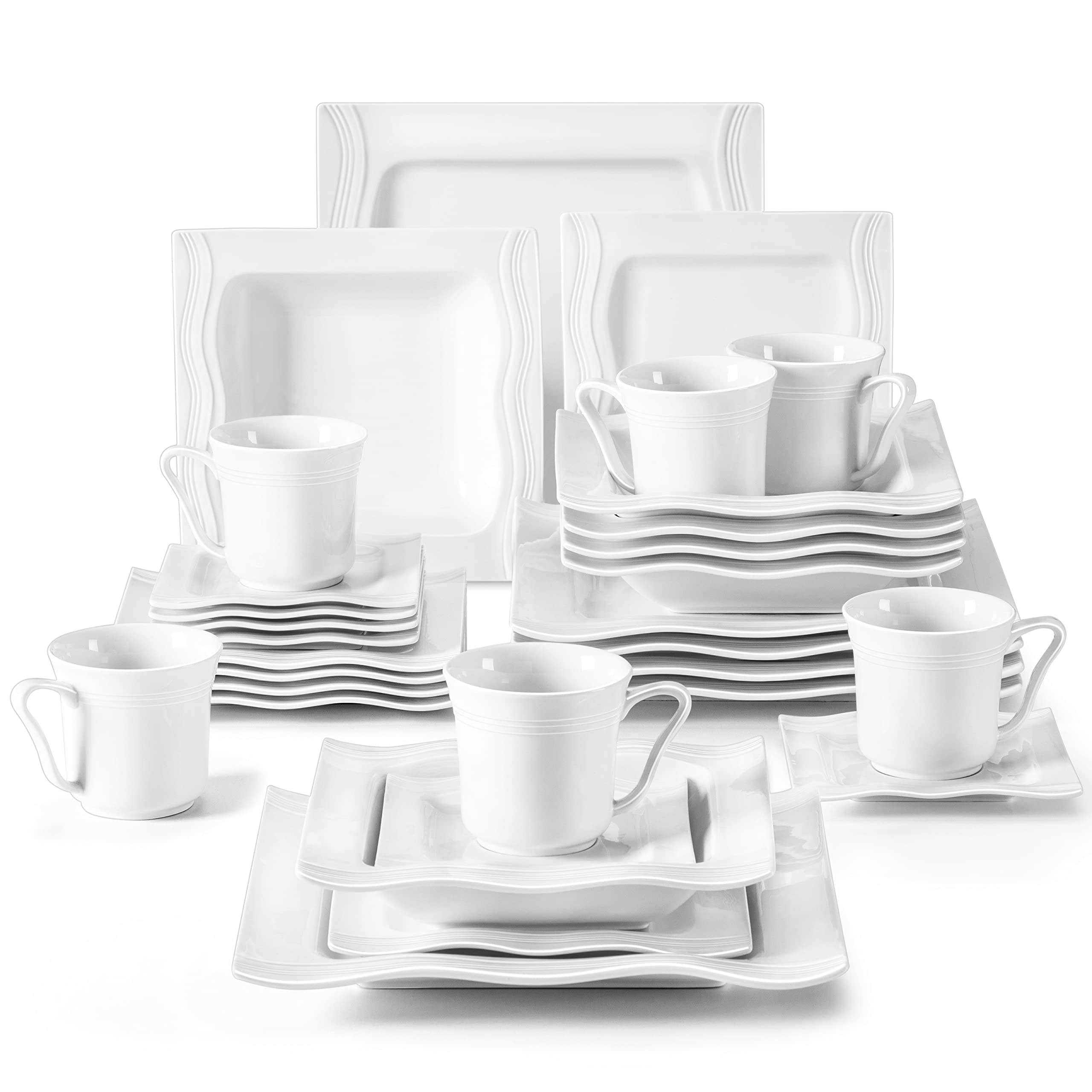MALACASA 30-Piece Square Dinnerware Set - Ivory White Porcelain Dishes Plates Bowls Cups & Saucers - Modern Dish Set for 6 People - Perfect for Family Dinners, Restaurants & Special Occasions