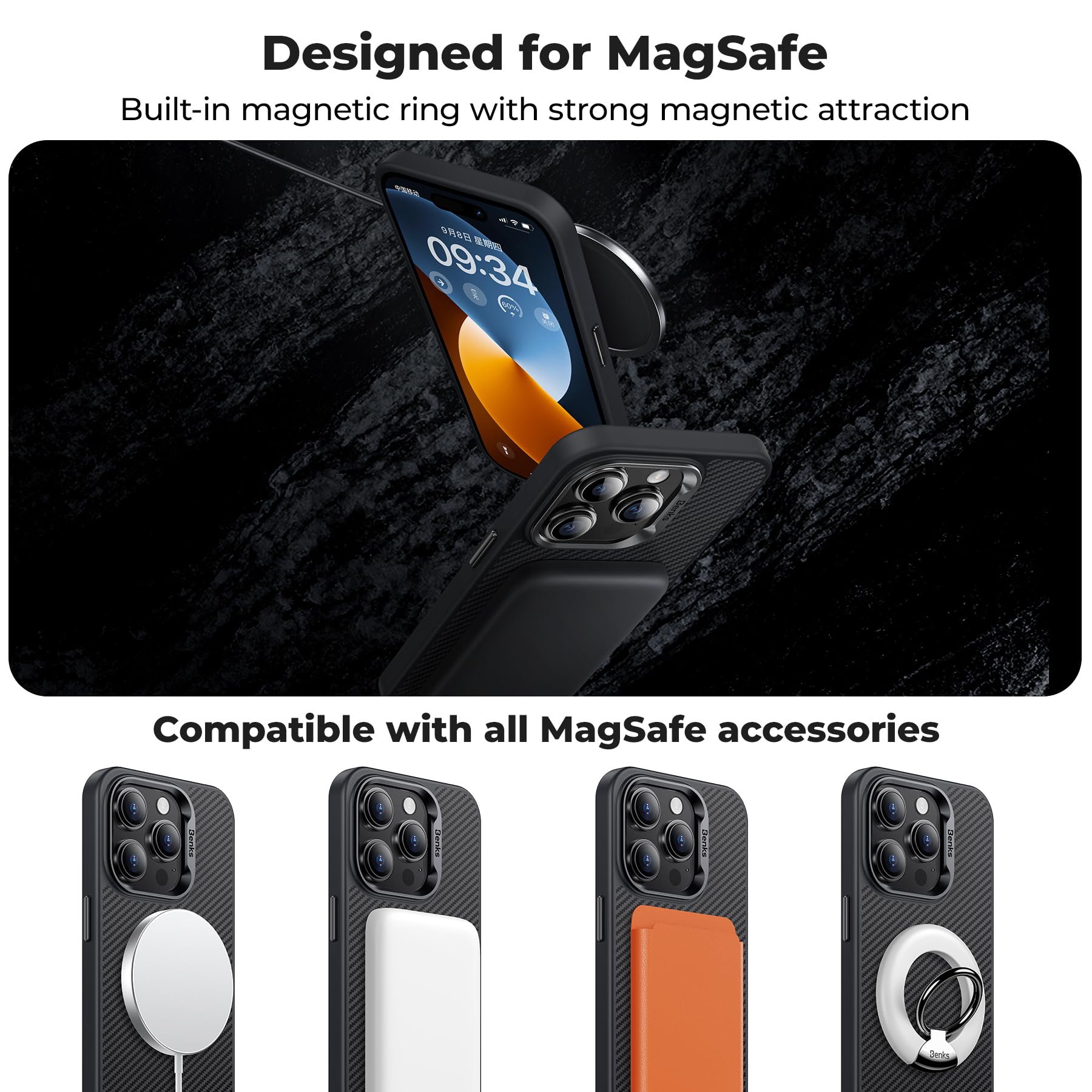 BENKS iPhone 15 Pro Case with MagSafe - Military-Grade Shockproof Protective Cover for iPhone 15 Pro 6.1 inch, 600D Aramid Fiber Slim Phone Case (Black) - Perfect for Outdoor Adventures & Daily Protection