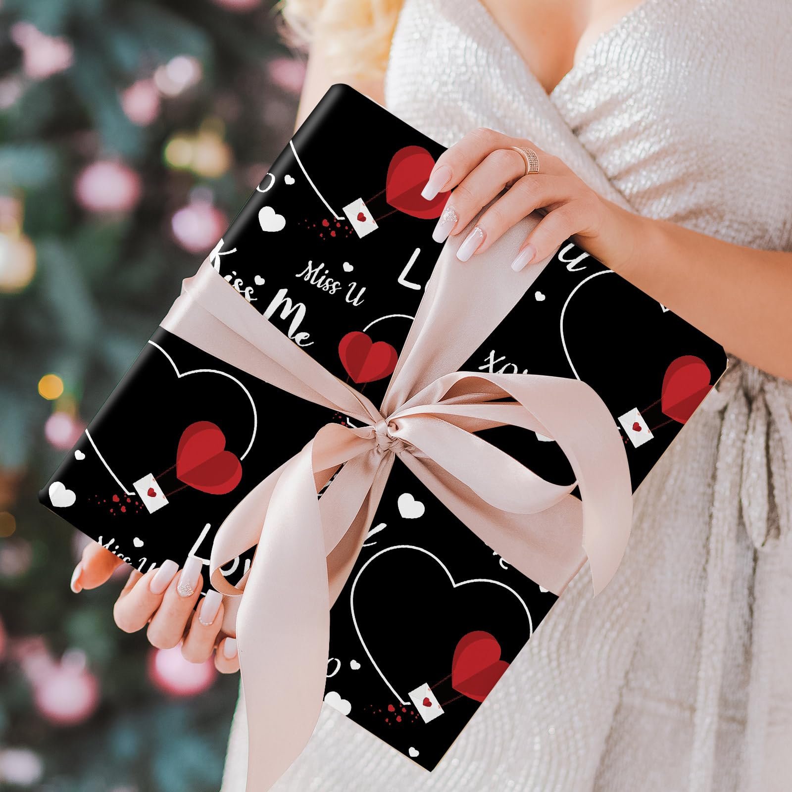Whaline 12 Sheet Valentine's Day Wrapping Paper - Heart Love Plaid Design, Black Red Gift Wrap Paper Bulk for DIY Crafts, Wedding, Anniversary, Party, Gift Packing Supplies (19.7x27.6 Inch) - Perfect for Christmas, Birthday, Romantic Surprises & Special Occasions