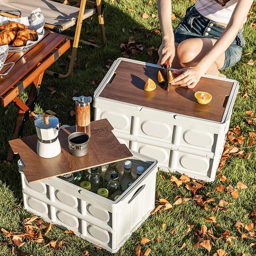 FLTRGO 50L Collapsible Storage Box with Wood Lid - Heavy Duty Folding Organizer for Camping, Picnic, Home & Closet - Portable Storage Solution for Outdoor Adventures & Indoor Organization