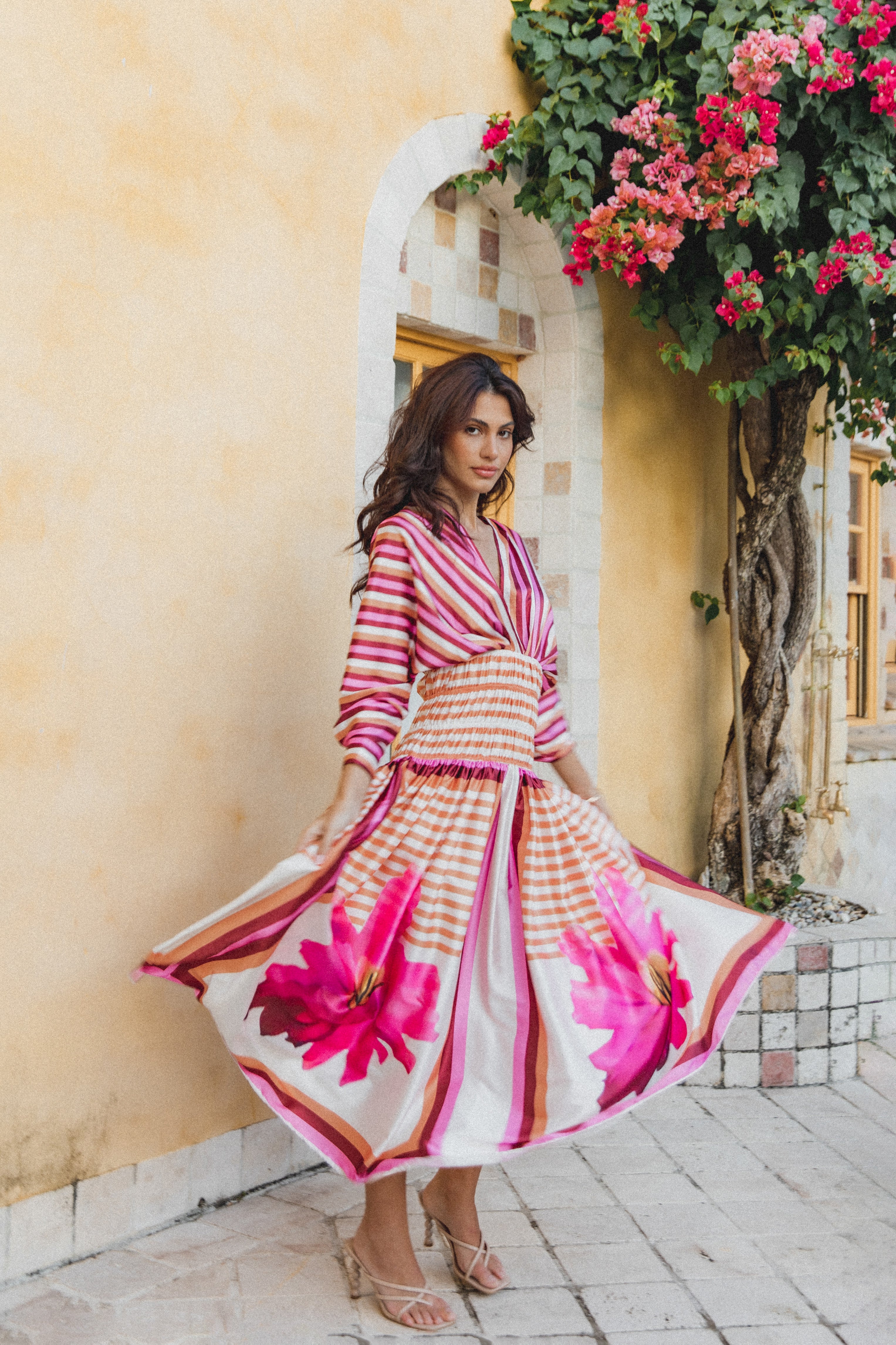 Emilia Women's Long Sleeve Maxi Dress - Pink Striped Floral Print Boho Chic Flowy Dress for Casual, Beach, Wedding & Special Occasions