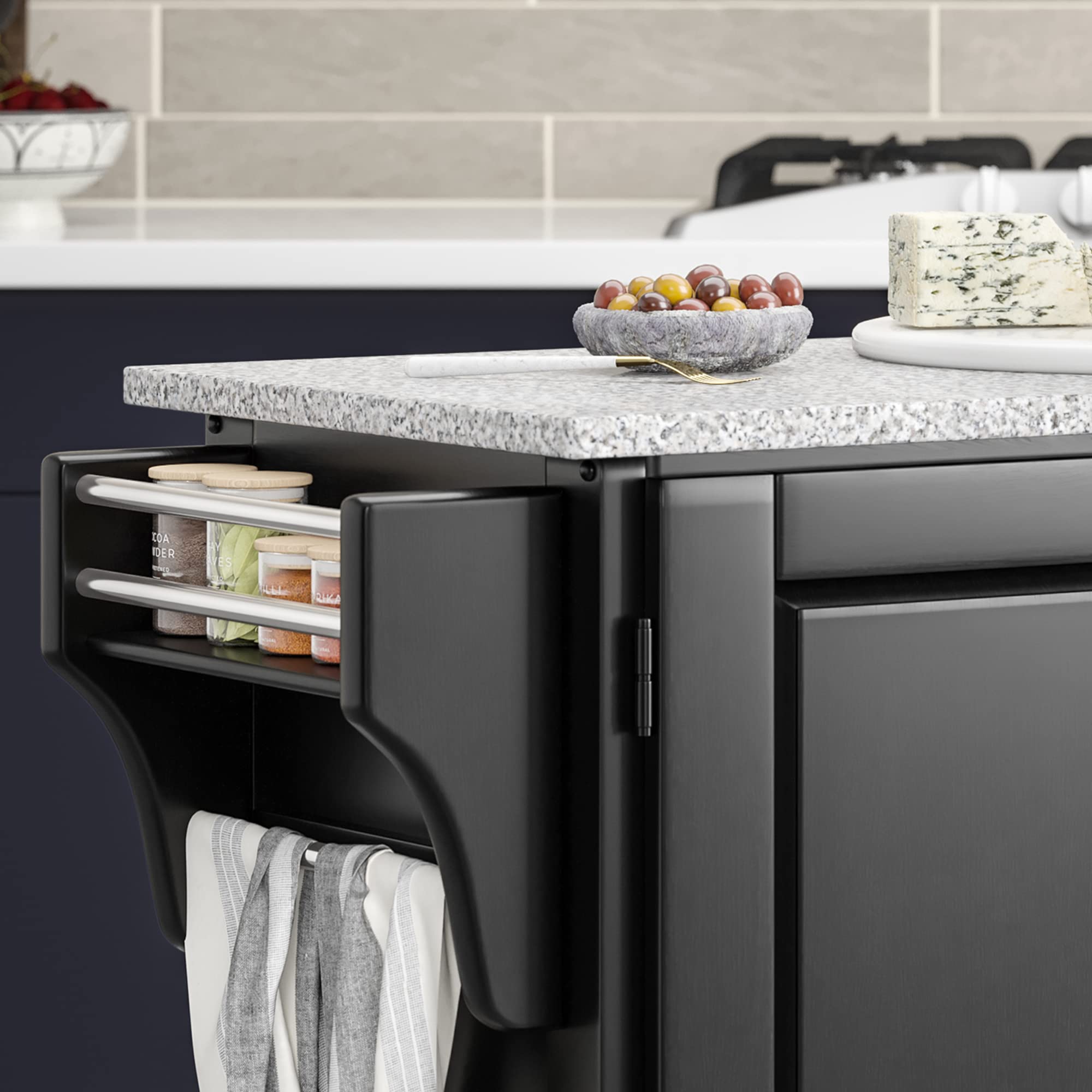 Home Styles Large Mobile Create-a-Cart Black Finish Two Door Cabinet Kitchen Cart with Salt and Pepper Granite Top & Adjustable Shelves - Perfect for Small Kitchen Storage, Dining Room Organization & Rolling Serving Cart