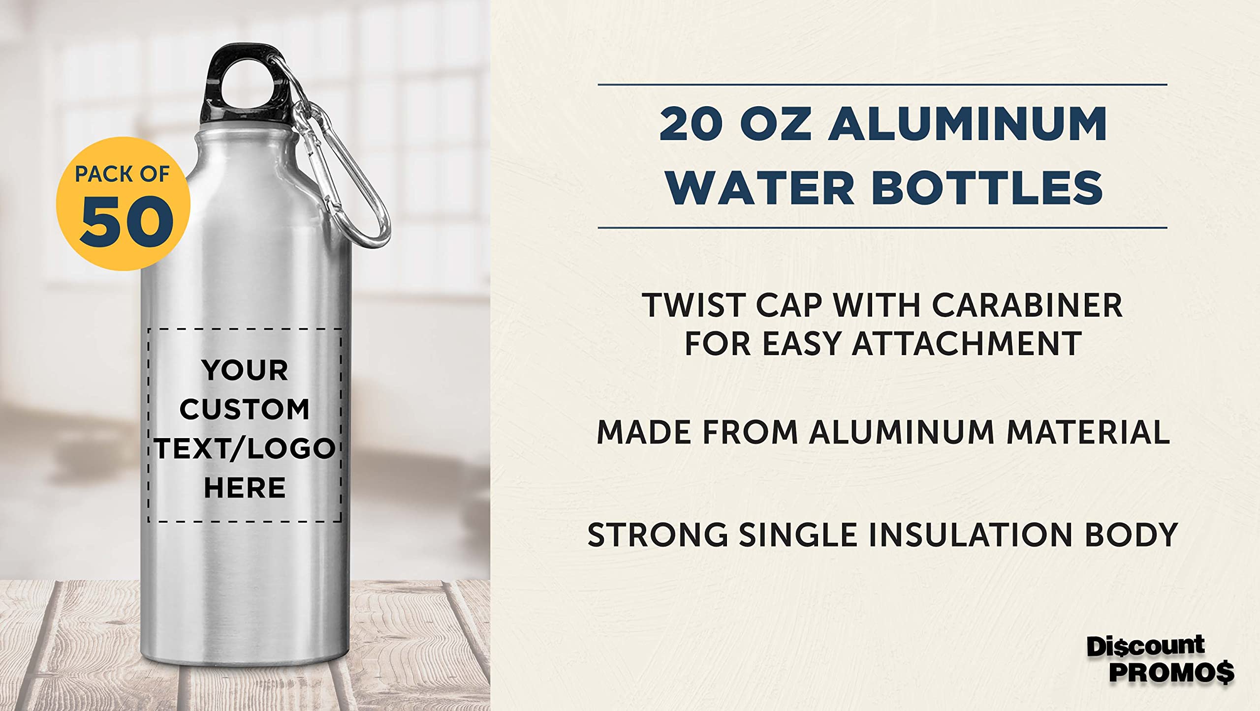 Custom 20 oz Aluminum Water Bottles Bulk Pack of 50 - Personalized Gym & Hiking Bottles - Eco-Friendly Reusable Drinkware for Sports, Office, Camping & Outdoor Activities - Silver