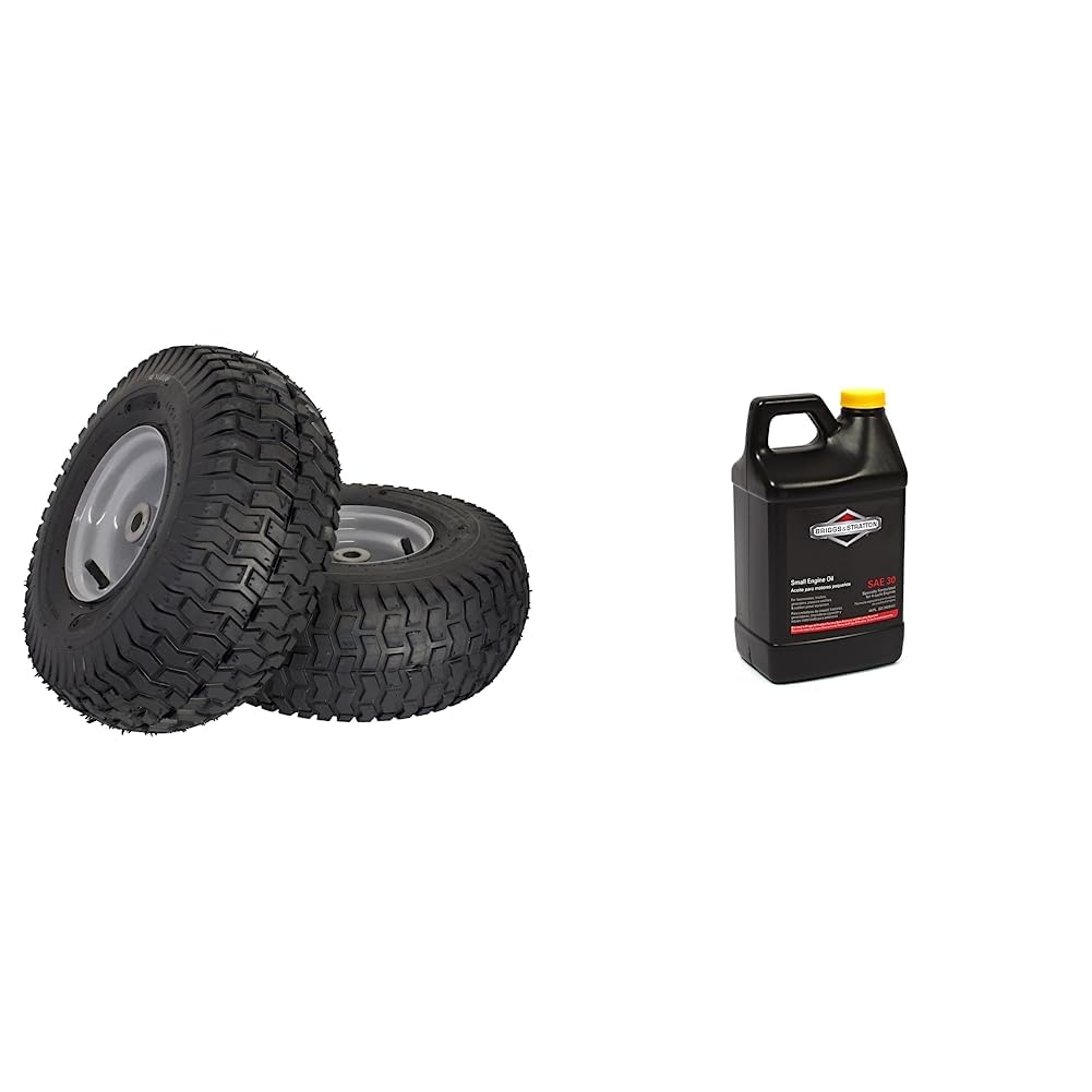 MARASTAR 21436-2PK 15x6.00-6'' Front Tire Assembly Replacement for Husqvarna Riding Mowers & Briggs & Stratton 30W Engine Oil - 48 Oz. 100028 | Compatible with Lawn Tractors, Zero-Turn Mowers & Outdoor Power Equipment | Durable Tires & High-Performance Oil for Smooth Operation