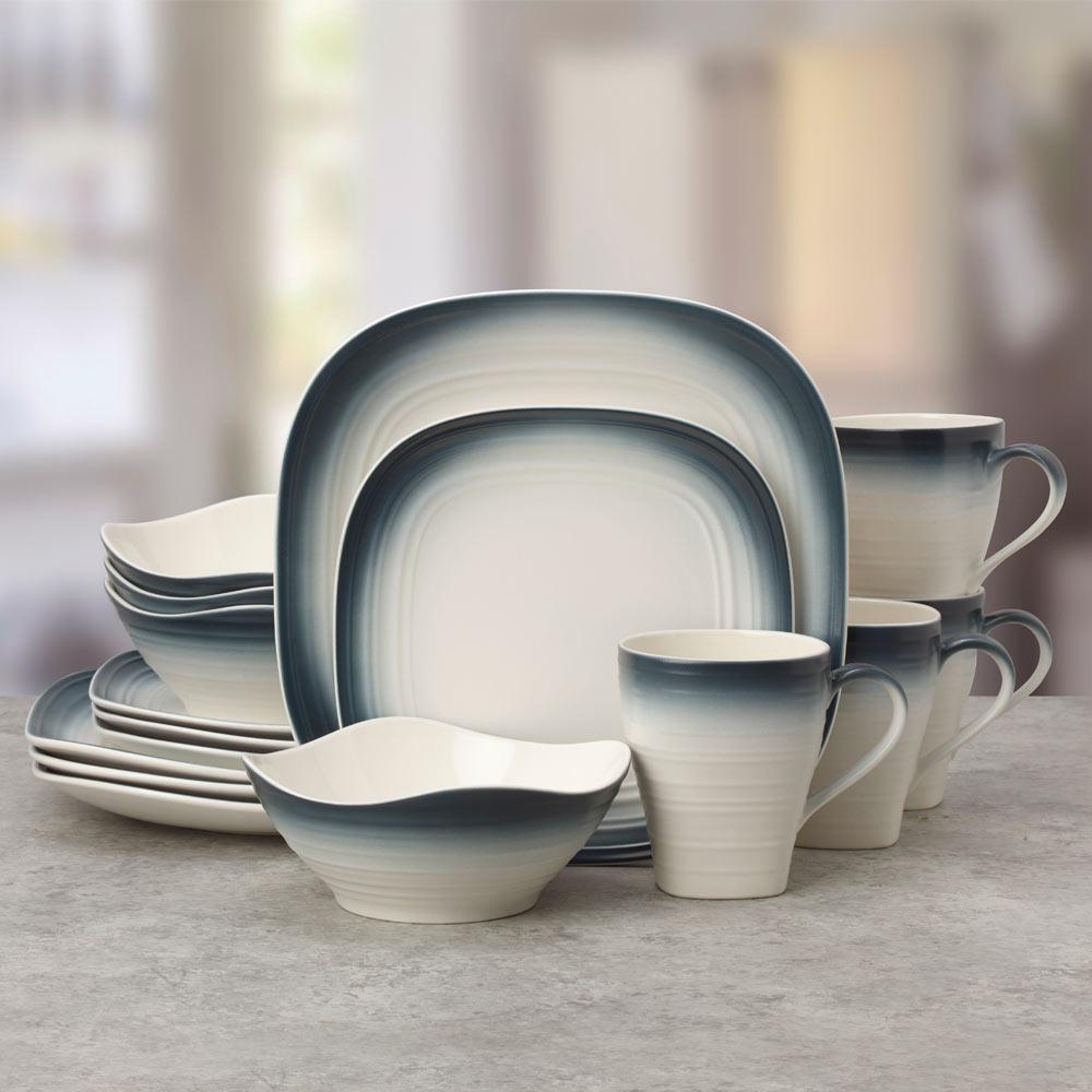 Swirl Ombre Blue Square 16-Piece Dinnerware Set - Service for 4 - Elegant Tableware for Modern Dining, Dinner Parties & Home Decor