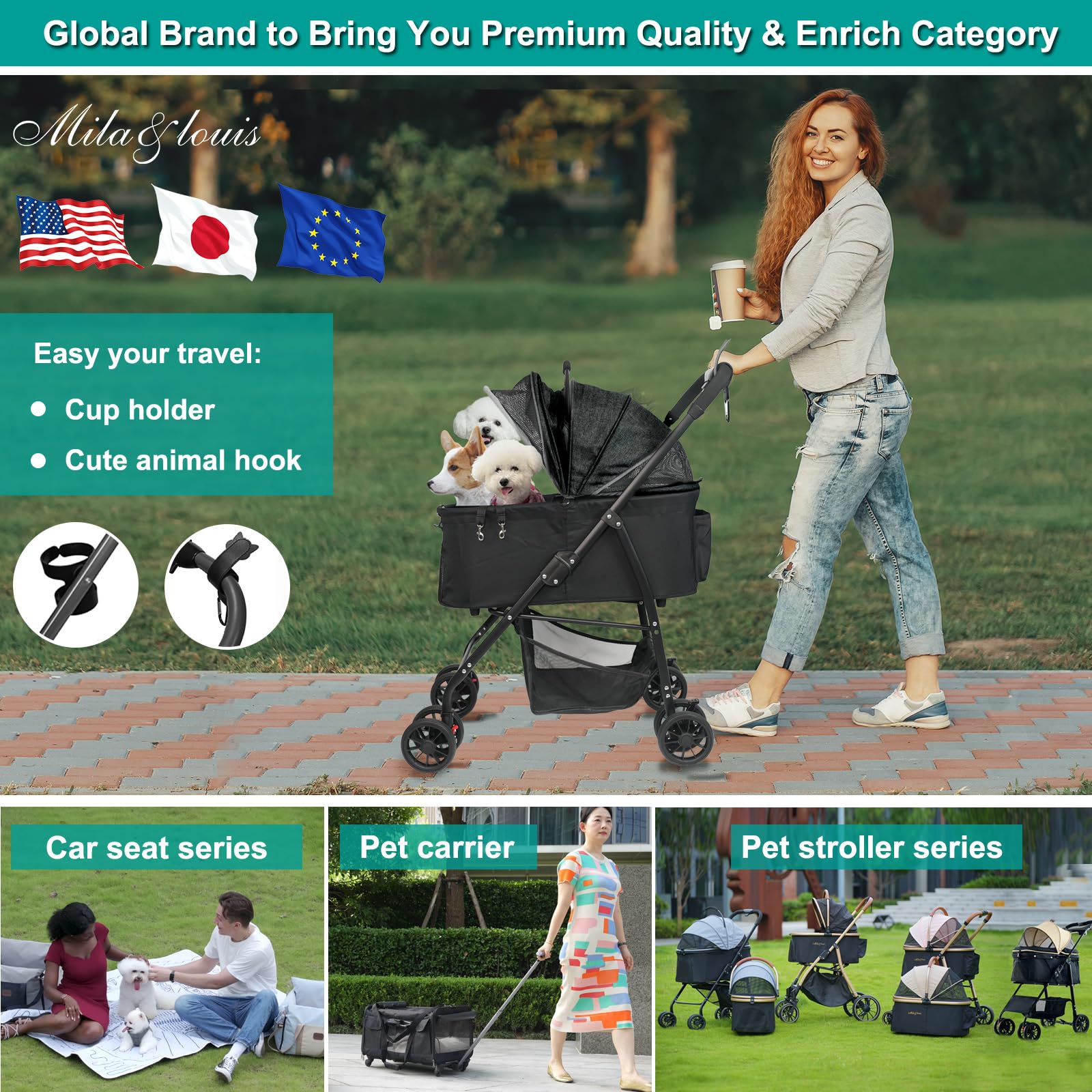 MILA&LOUIS Medium Dog Stroller with 4 Upgraded Wheels - Lightweight Pet Stroller for Small Dogs, Cup Holder & Hook - Detachable Spacious Cradle for Multiple Pets | Perfect for Park Walks, Vet Visits & Shopping Trips