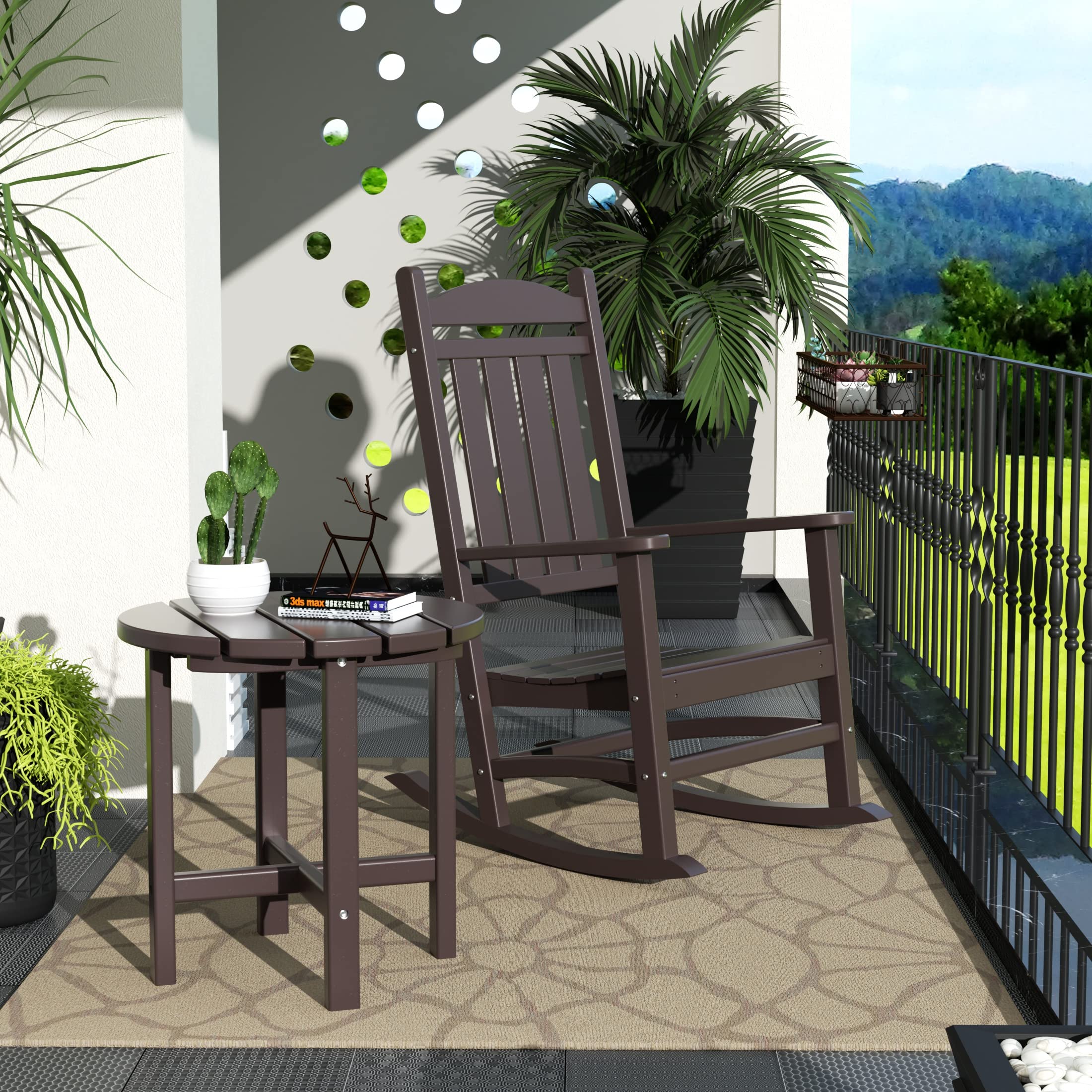 WO Home Furniture 2-Piece HDPE Outdoor Rocking Chair Set - Traditional Patio Rocking Chairs for Porch, Garden & Backyard (Dark Brown) | Weather-Resistant Comfortable Seating for Relaxing Outdoors