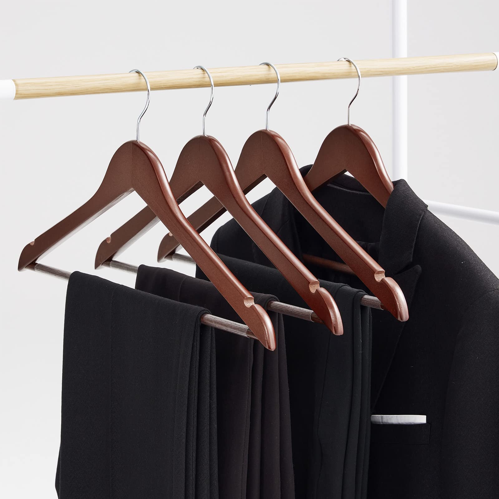 Premium 20-Pack Solid Natural Wooden Coat Hangers - Heavy Duty Smooth Finish Suit Hangers with Non-Slip Pant Bar, Precision Cut Notches & Chrome Swivel Hook - Ideal for Closet, Wardrobe & Luxury Garment Storage