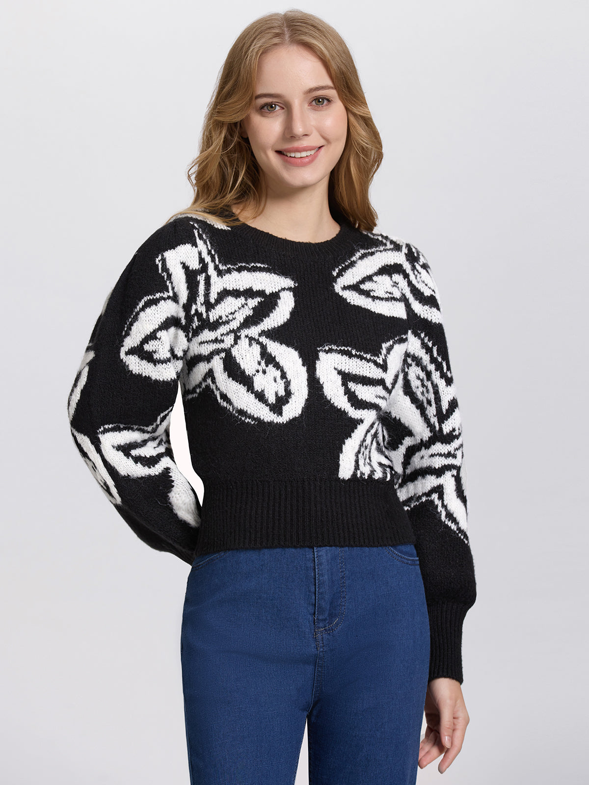 Floral Jacquard Crewneck Sweater for Women - Elegant Savannah Print Knit Top for Fall & Winter | Office Wear, Date Night, Casual Outfits