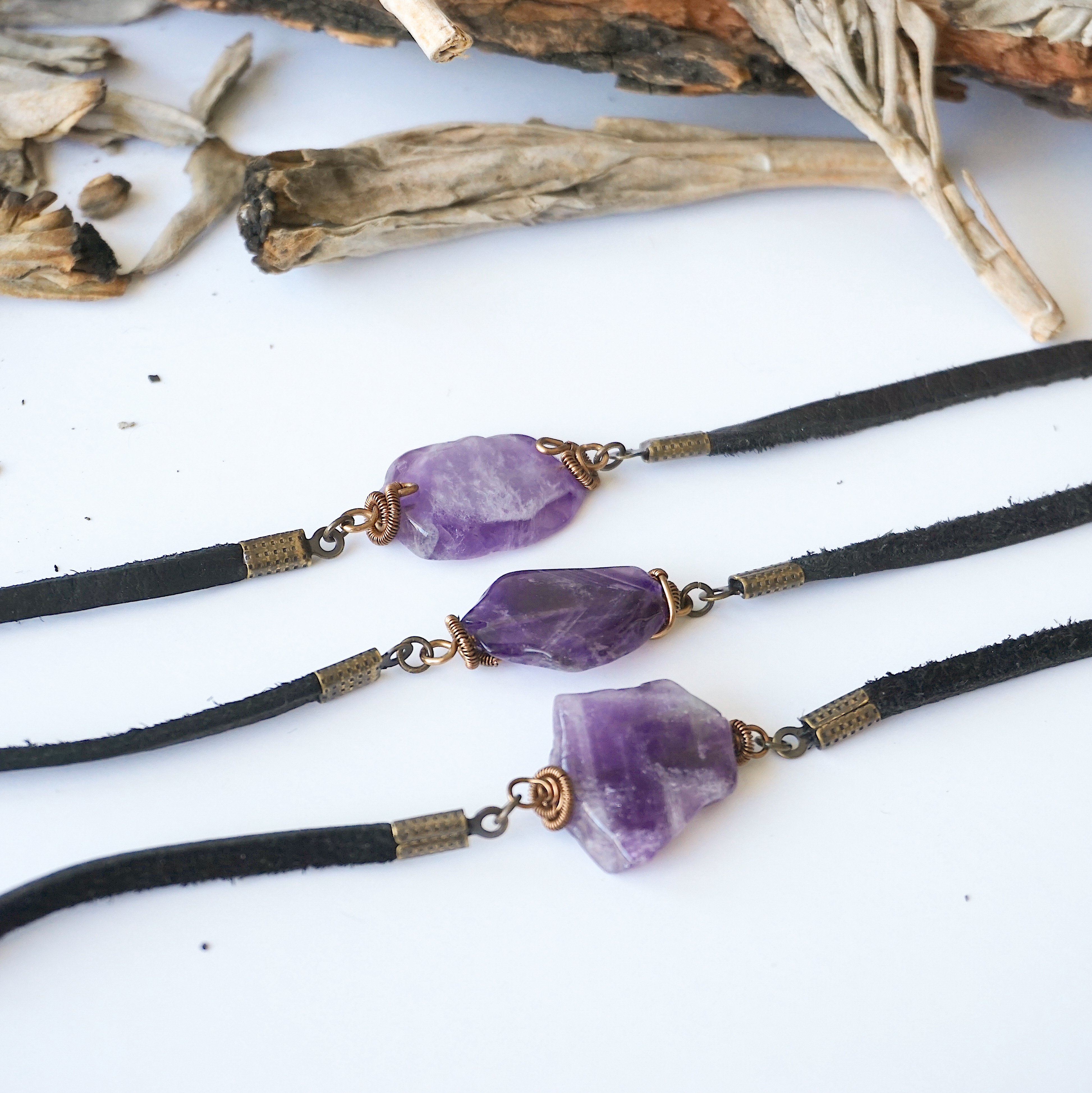 Amethyst Black Leather Bracelet for Women – Handmade Adjustable Crystal Healing Jewelry for Meditation, Yoga & Spiritual Gifts
