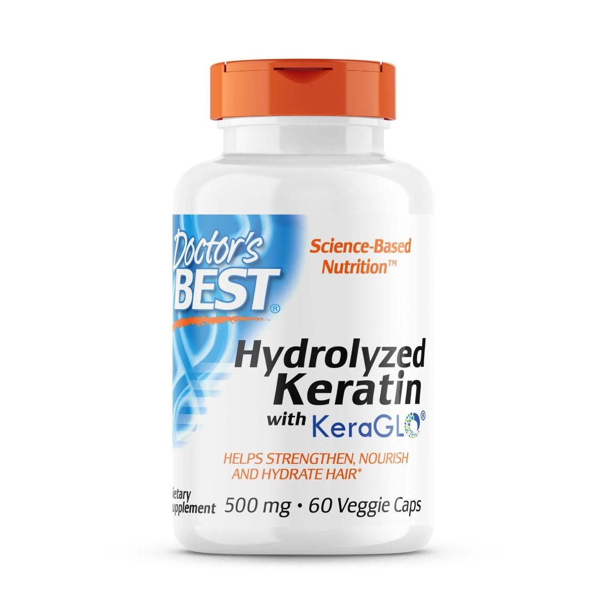 Doctor's Best Hydrolyzed Keratin 500mg - 60 Vegetarian Capsules for Hair, Skin & Nails Support - Promotes Healthy Growth & Strength - Perfect for Daily Beauty Supplement Routine