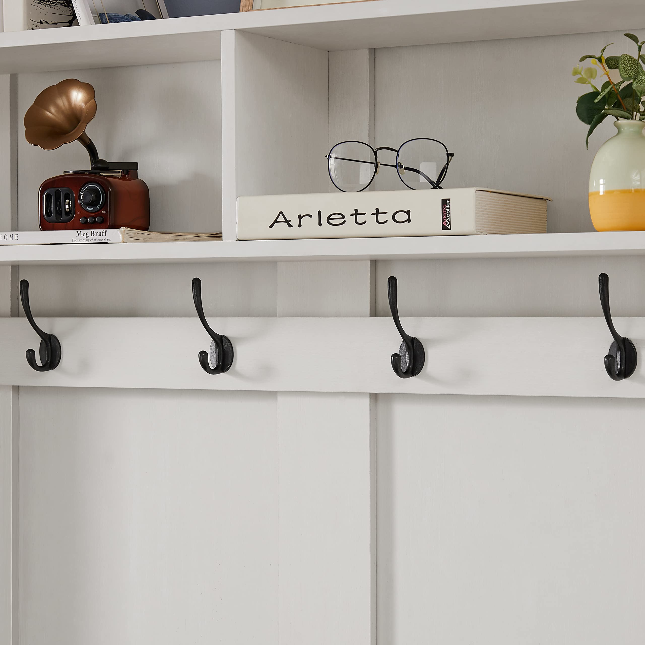 Farmhouse Entryway Hall Tree with Padded Storage Bench, Coat Rack & Sliding Barn Door Shoe Cabinet - 2 Drawers Mudroom Organizer in Distressed White | Perfect for Small Spaces, Entryway Storage & Shoe Organization