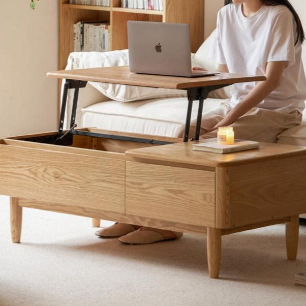 Solid Oak Wood Modern Lift-Top Coffee Table with Slate Surface - Perfect for Living Room, Home Office, and Small Spaces