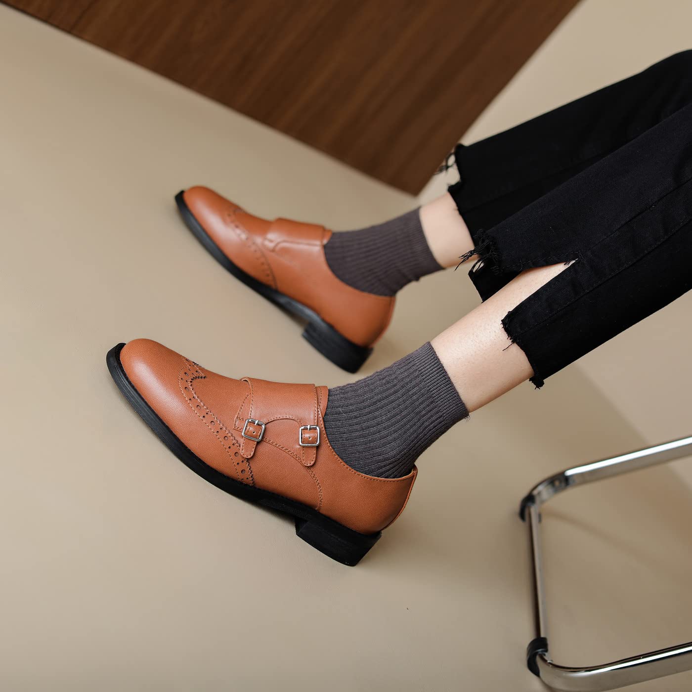 U-lite Women's Monk Strap Dress Shoes - Genuine Sheepskin Leather, Perforated Oxfords with Fashion Buckle for Business & Formal Occasions | Comfortable & Stylish Office & Wedding Shoes