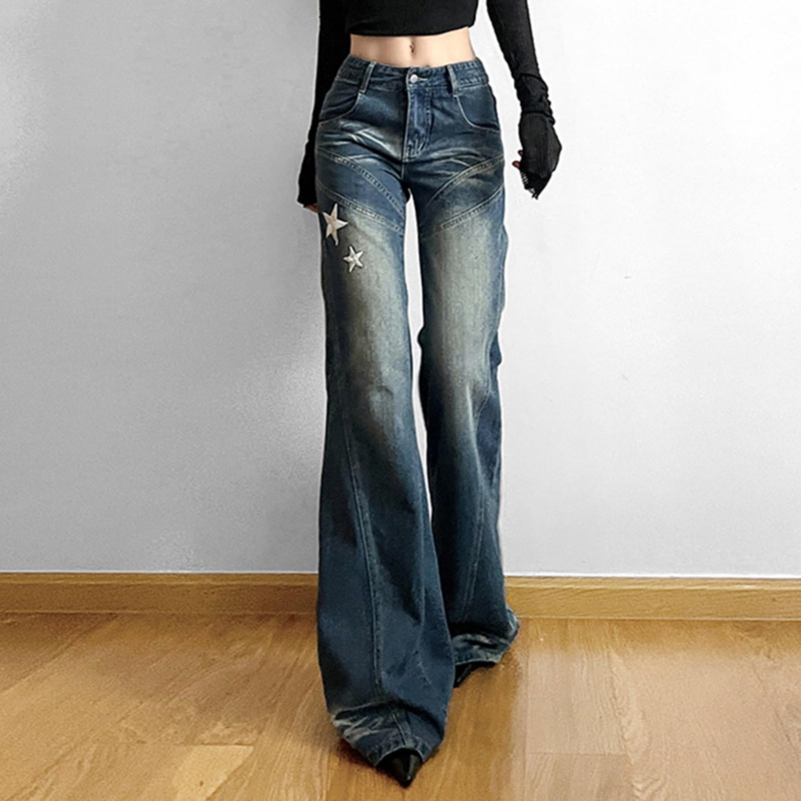 Women's Low Rise Flared Jeans - Vintage Washed Y2K Denim Pants with Star Embroidery | Perfect for Casual Outfits, Streetwear Fashion & Retro Style