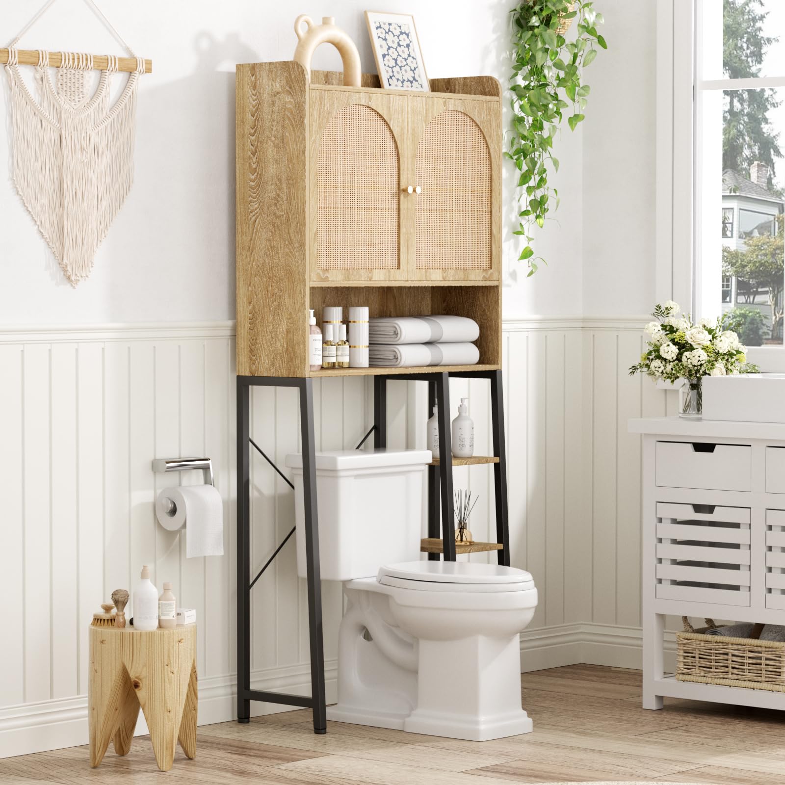 Rattan Over The Toilet Storage Cabinet with Adjustable Shelf - Bathroom Organizer with Large Space, Metal Stand & Natural Rattan Door - Tall Storage Shelves for Toilet Paper, Towels & Bath Essentials - Perfect for Small Bathrooms & Space-Saving Solutions