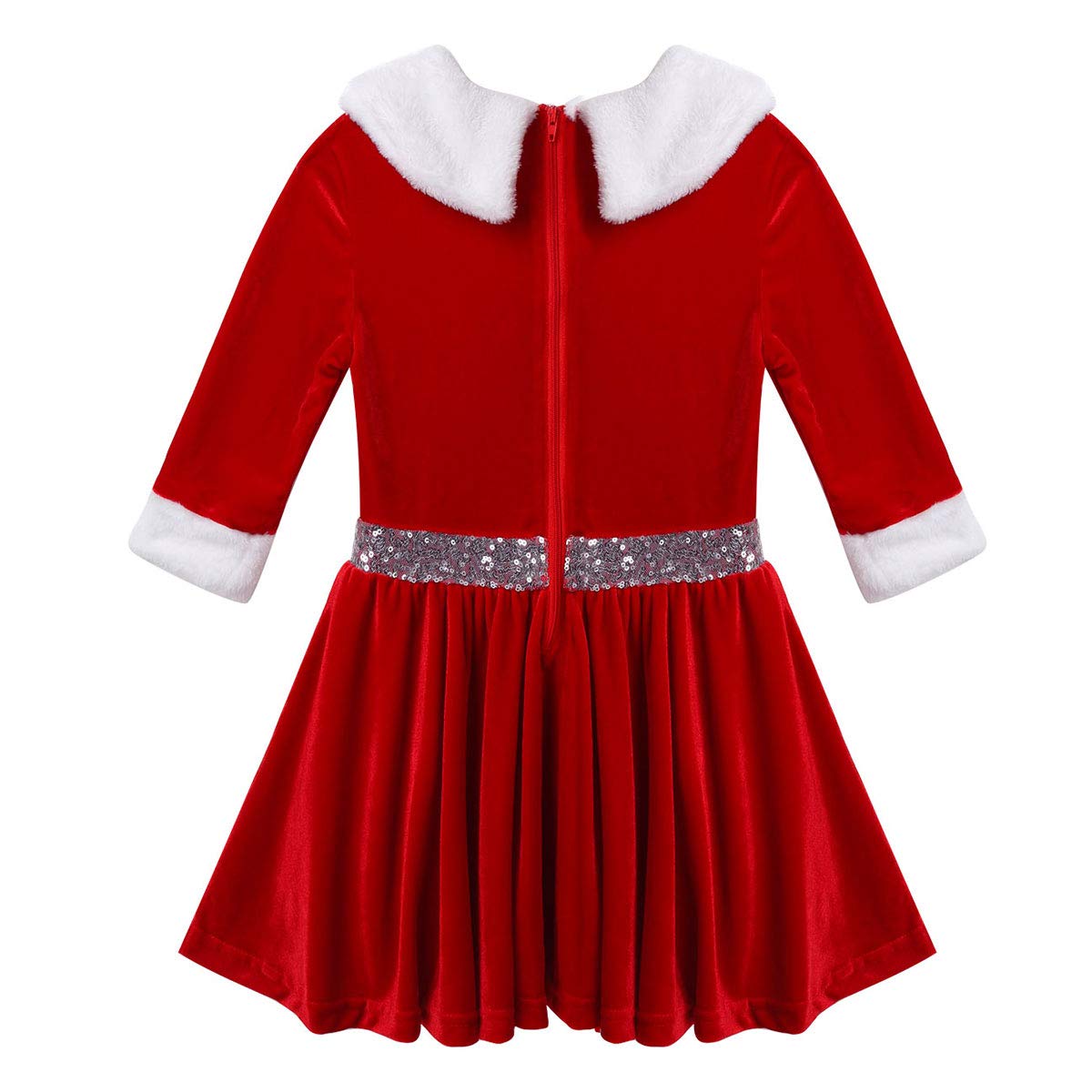 Kids Girls Long Sleeve Faux Fur Velvet Christmas Costume Ice Figure Skating Twirling Dress Dancewear - Holiday Party, Winter Performance, Recital Outfit