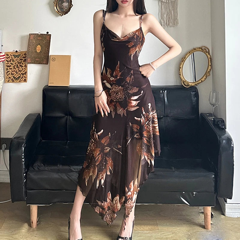 Vintage Y2K Floral Print Mesh Midi Dress for Women - Asymmetrical Sleeveless Summer Party Dress | Perfect for Beach Vacations, Date Nights & Music Festivals